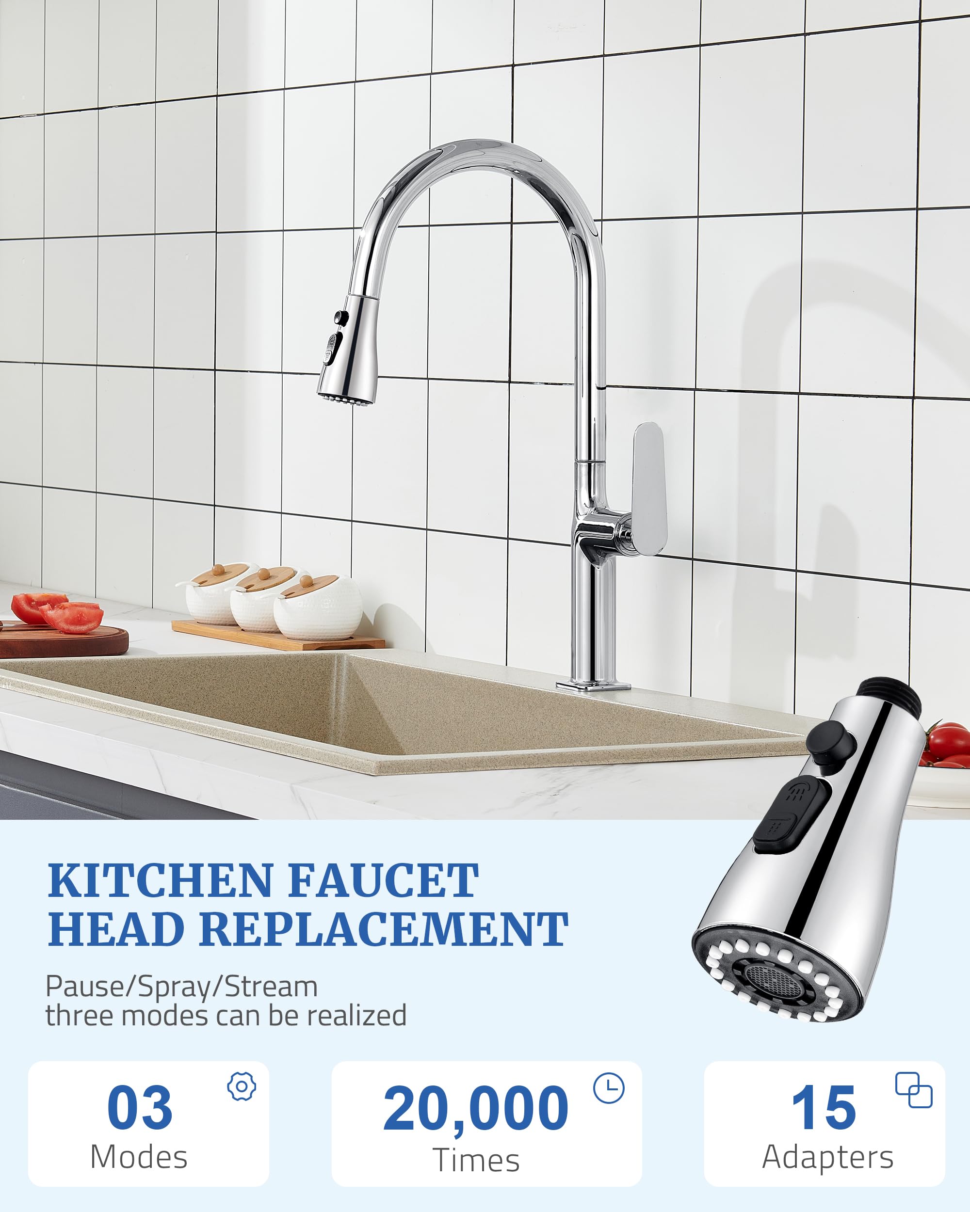 **15-in-1 Kitchen Faucet Spray Head Replacement with 3 Spray Modes - Pull Down & Pull Out Faucet Nozzle for Sink, Chrome Finish | Perfect for Dishwashing, Vegetable Rinsing & Counter Cleaning**