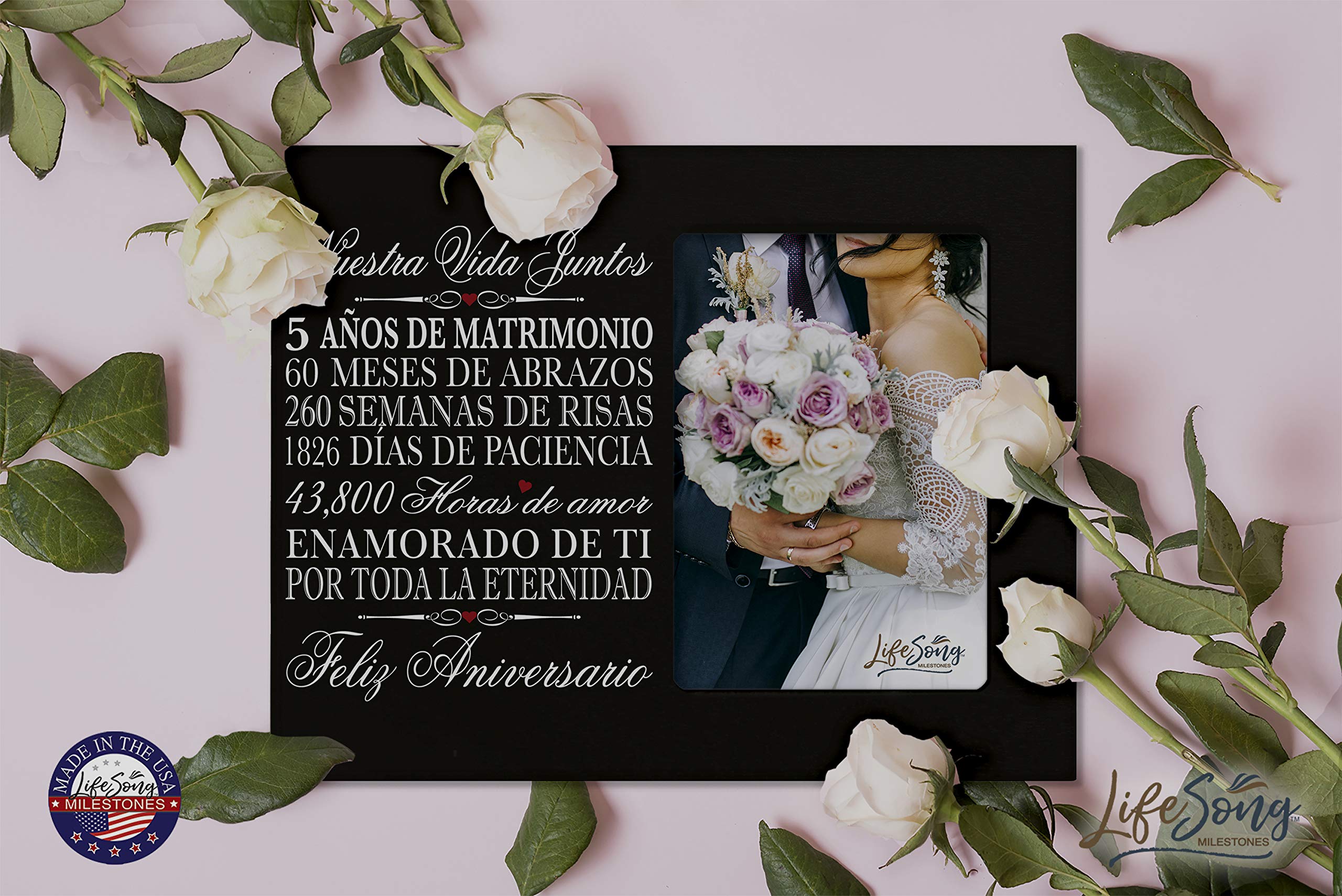 LifeSong Milestones 5 Year Anniversary Picture Frame - Elegant Wooden Wedding Anniversary Gift for Wife, Husband, Couples - Perfect for Displaying Wedding Photos & Celebrating Special Moments