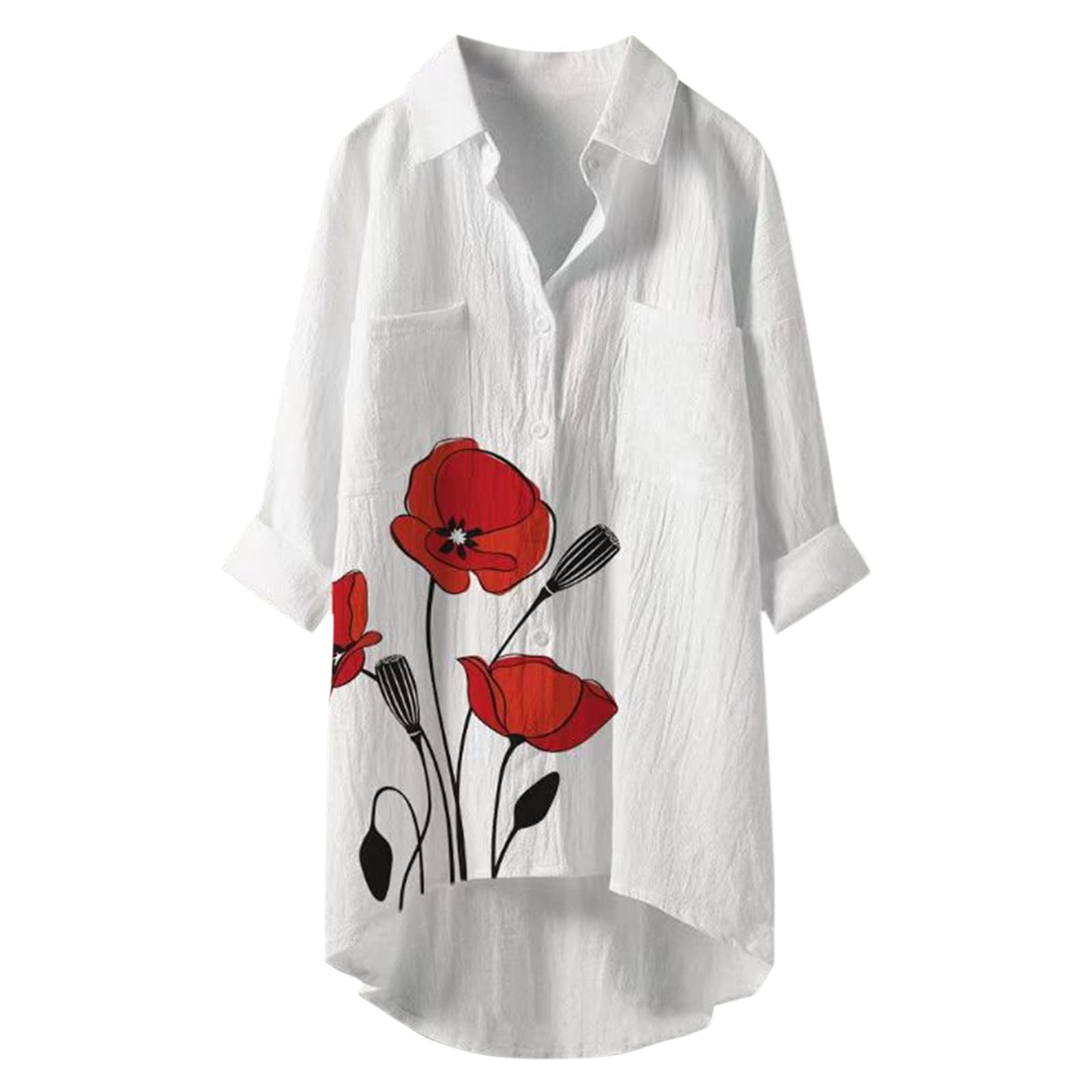Women's Lapel Three-Quarter Sleeve Blouse with Pockets - Casual Fall Tops for Work & Everyday Wear | Office, Dating & Weekend Outfits