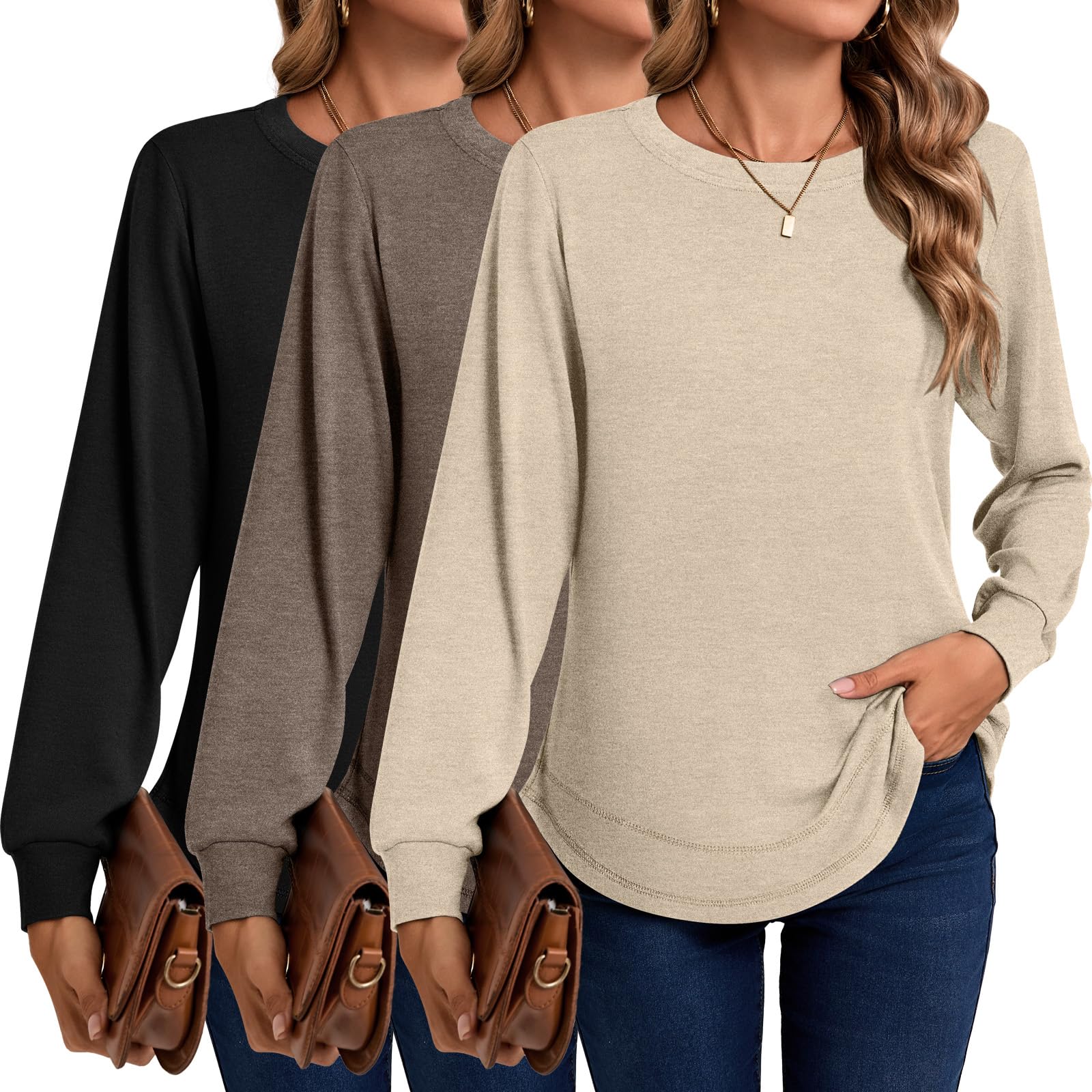 Ficerd 3 Pack Women's Long Sleeve Casual Tops - Crew Neck Loose Fit Tunic Pullover with Curved Hem | Trendy 2025 Fall Fashion | Perfect for Work, Weekend Outfits & Layering