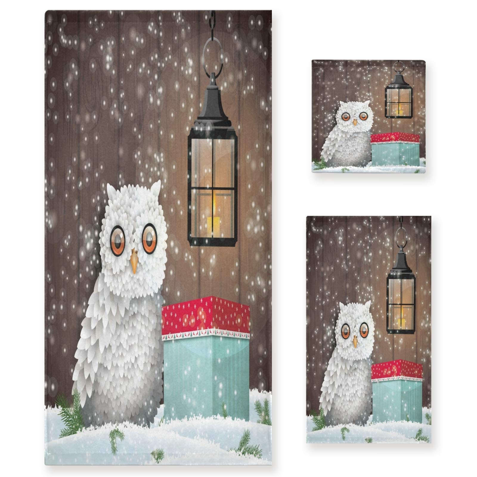 STAYTOP Ultra Soft Christmas Owl Bathroom Towel Set - 3-Piece Hand Towels, Face Towels & Washcloths for Gym, Spa, Cooking & Holiday Decor