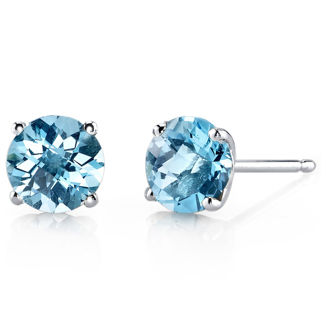14K White Gold Swiss Blue Topaz Stud Earrings for Women - Genuine 6mm Round Solitaire Gemstone (2 Carats Total) with Secure Friction Back - December Birthstone Jewelry - Perfect for Gifts, Anniversaries & Special Occasions