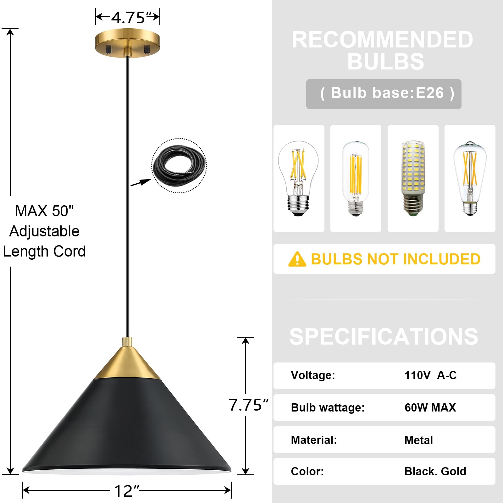 3 Pack Black Hanging Pendant Ceiling Light Fixture - 12