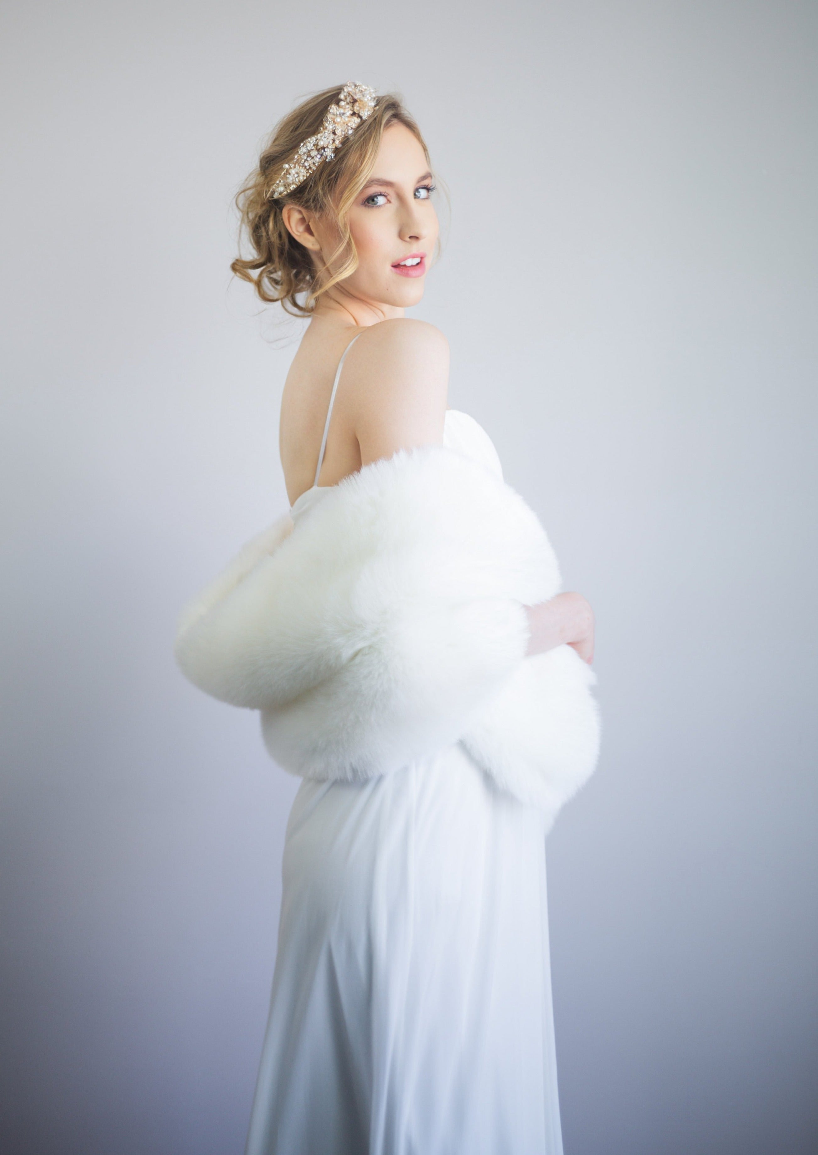 Elegant Pure Ivory Fur Shawl for Brides - Celia Wht01 | Perfect for Weddings, Photo Shoots & Formal Events