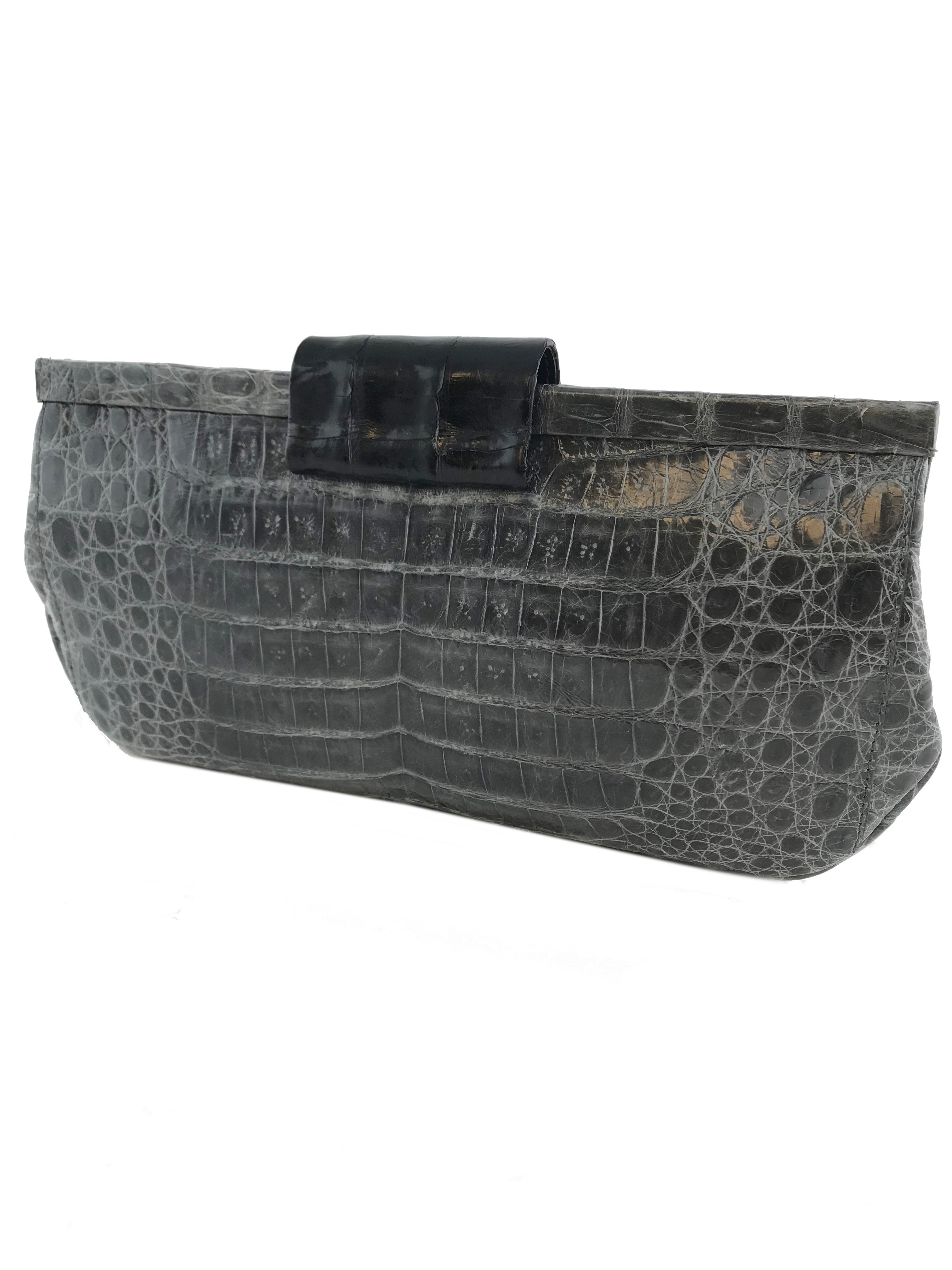 Nancy Gonzalez Shiny Crocodile Leather Clutch Bag - Elegant Frame Design for Evening Parties & Special Occasions