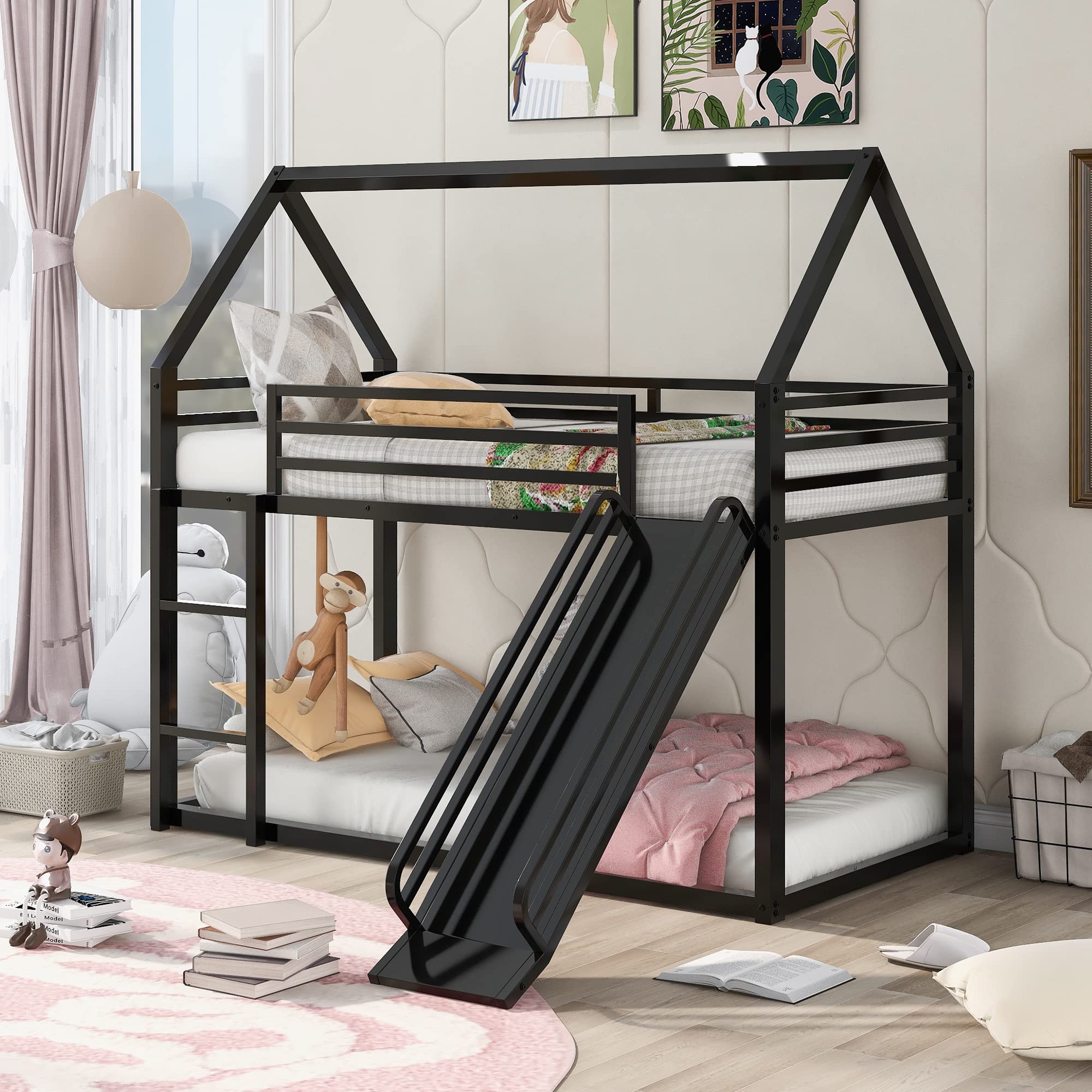 Metal Bunk Bed for Kids & Teens - Twin Over Twin Bed Frame with Safety Guardrails & Ladder - Space Saving Bedroom Furniture for Small Rooms - Perfect for Siblings, Sleepovers & Kids' Dorm Rooms (Black with Slide Option)