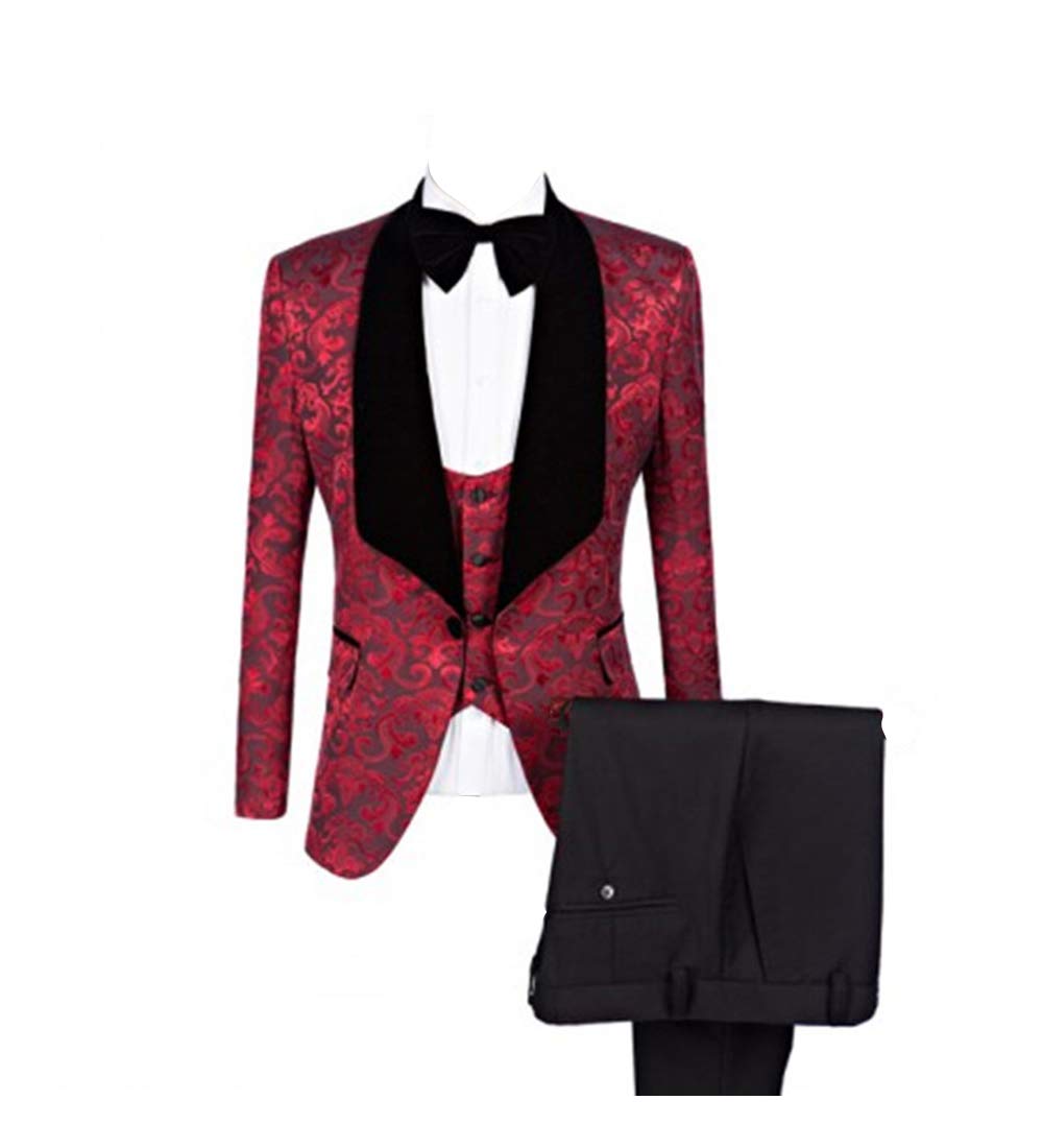 Men's Slim Fit Floral Weave 1-Button Tuxedo Suit 3-Piece Set - Wedding Groomsmen Formal Attire | Perfect for Prom, Parties, Special Occasions & Evening Events | Elegant Dinner, Cocktail Reception, Black Tie Gala