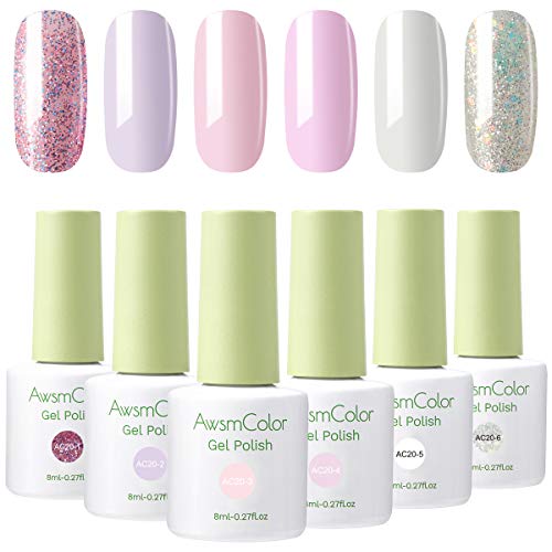 **AwsmColor 6 Colors Gel Nail Polish Set - Soak Off Baby Pink & White Glitter Nail Art Kit (8ml Each) | DIY Manicure, Home Salon, Valentine's Day Gifts for Women & Girls**    *(Perfect for Nail Art, Home Manicures, Salon Use, Valentine's Day, Birthday Gifts & Party Decorations)*