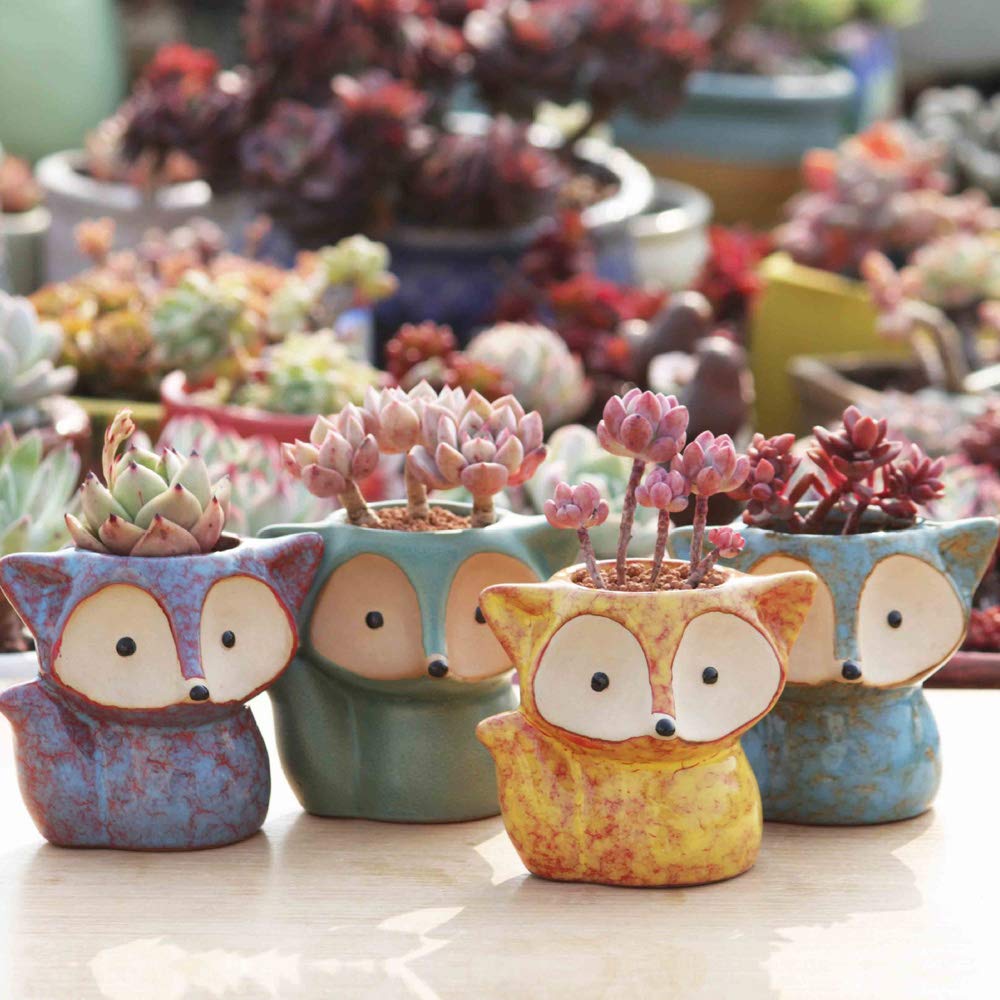4 Pack Fox Shaped Ceramic Succulent Pots with Drainage Holes - Cute Cactus & Flower Planters for Home, Office Desk Decor | Perfect for Indoor Plants, Succulents, Small Herbs & Gift Ideas