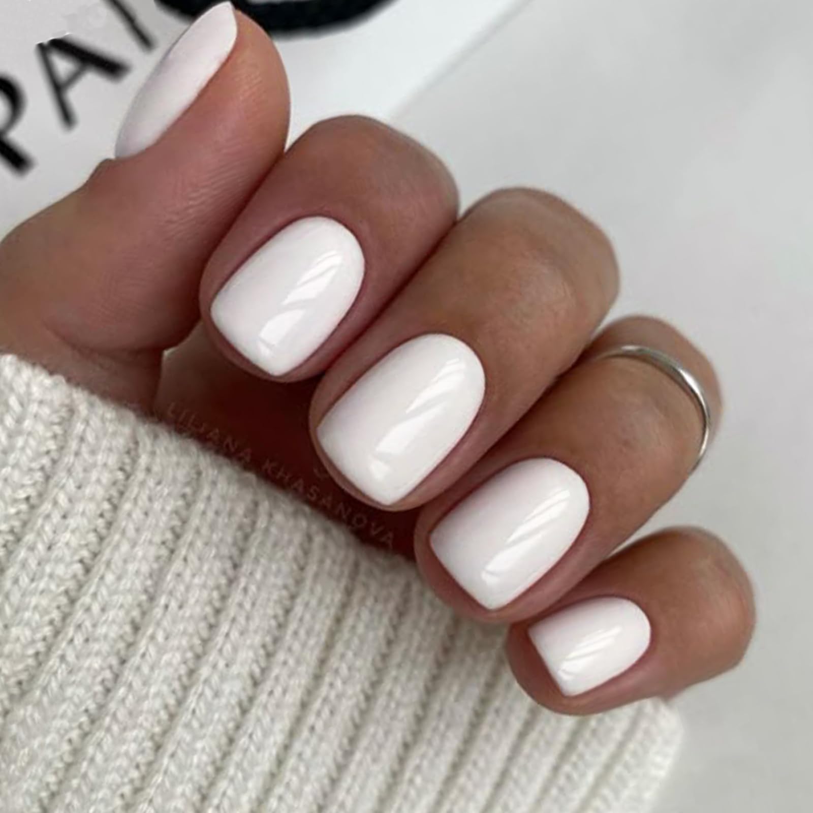 GLAMERMAID 24Pcs Short Squoval Press on Nails - Milky White Spring Summer Fake Nails with Glossy UV Finish, Reusable Acrylic False Nails Kit for Women | Easy At-Home Manicure & Special Occasion Nails