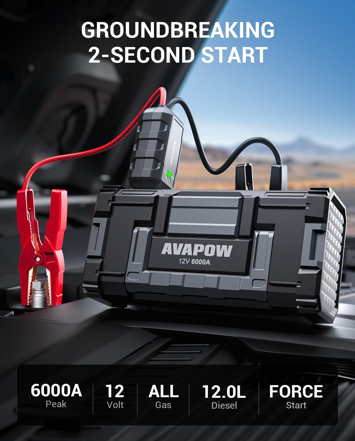 AVAPOW 6000A Car Battery Jump Starter - Powerful 12V Portable Jump Pack for All Gas & 12L Diesel Engines | Dual USB Quick Charge, DC Output & Built-in LED Light | Emergency Roadside Assistance, Camping & Power Outages