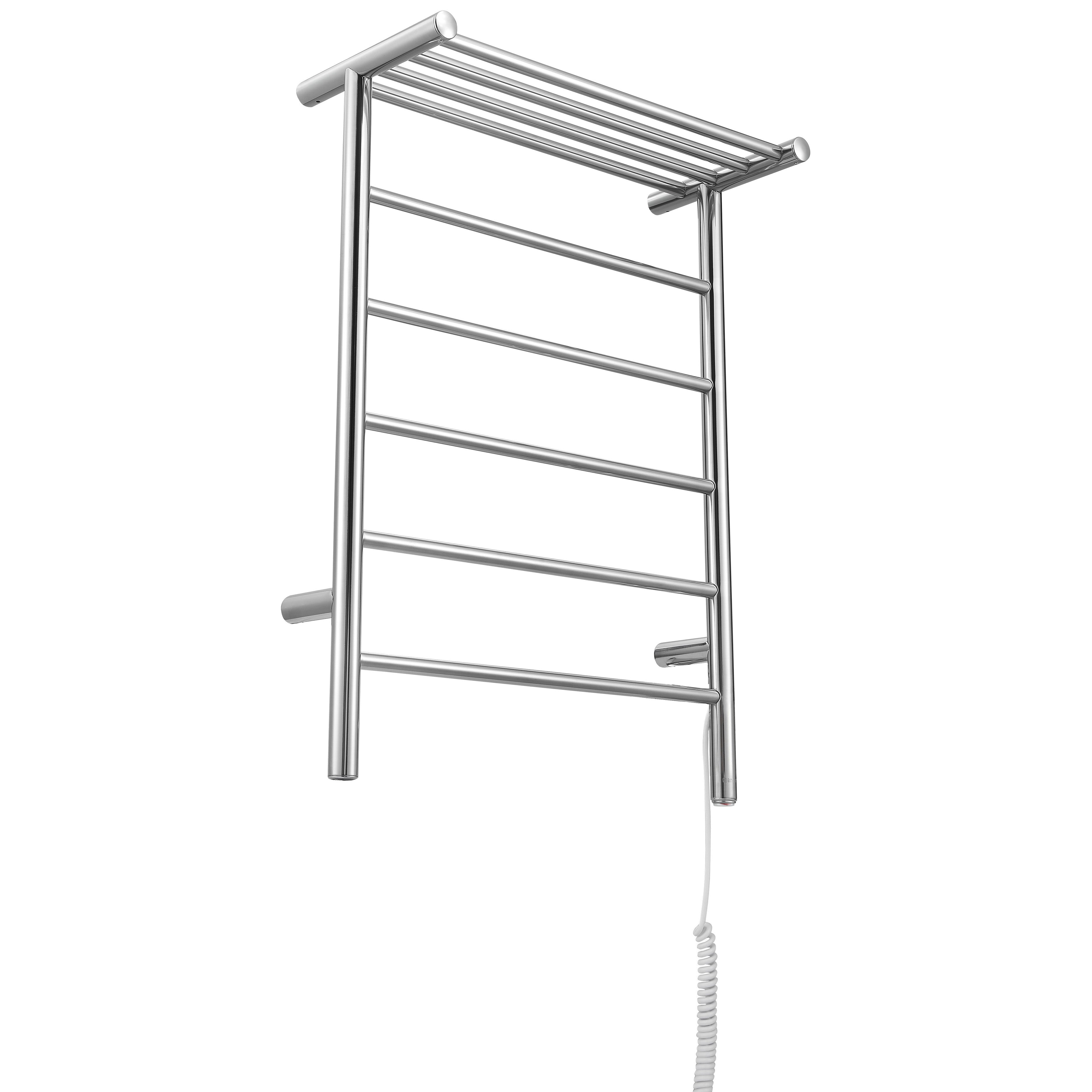 Miazzo 5 Bar Electric Wall Mounted Towel Warmer with Shelf - Plug In or Hardwire Installation - Polished Stainless Steel - Perfect for Bathrooms, Spas & Luxury Homes