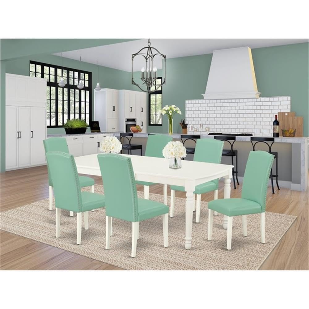 6-Piece Extendable Farmhouse Dining Set - Rustic White Square Table with Teal Upholstered Chairs for Small Spaces | Perfect for Kitchen, Dining Room & Compact Homes | Ideal for Family Dinners, Entertaining Guests & Cozy Meals