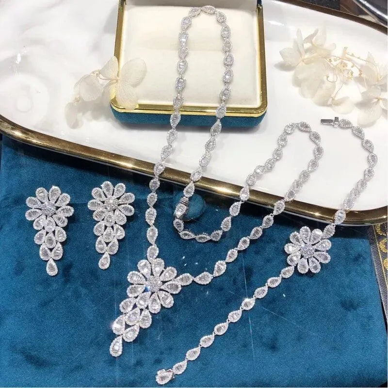 18K Solid White Gold Jewelry Set with Real Natural Diamonds - Luxury Necklace, Earrings & Bracelet for Women | Perfect Gift for Senior Party, Anniversary & Special Occasions