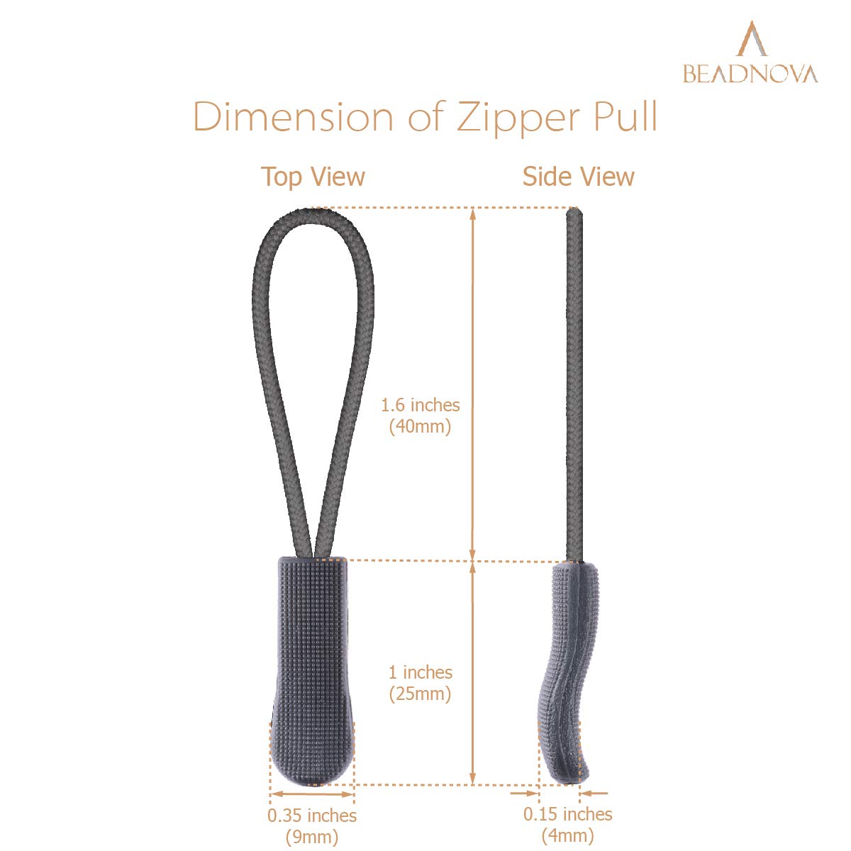 BEADNOVA Heavy Duty Nylon Zipper Pull Cord - Non-Slip Textured Grip, Durable Extension for Suitcases, Luggage, Backpacks, Jackets & Bags (10 Pack, Grey) - Perfect for Travel, Outdoor Gear & Clothing Accessories