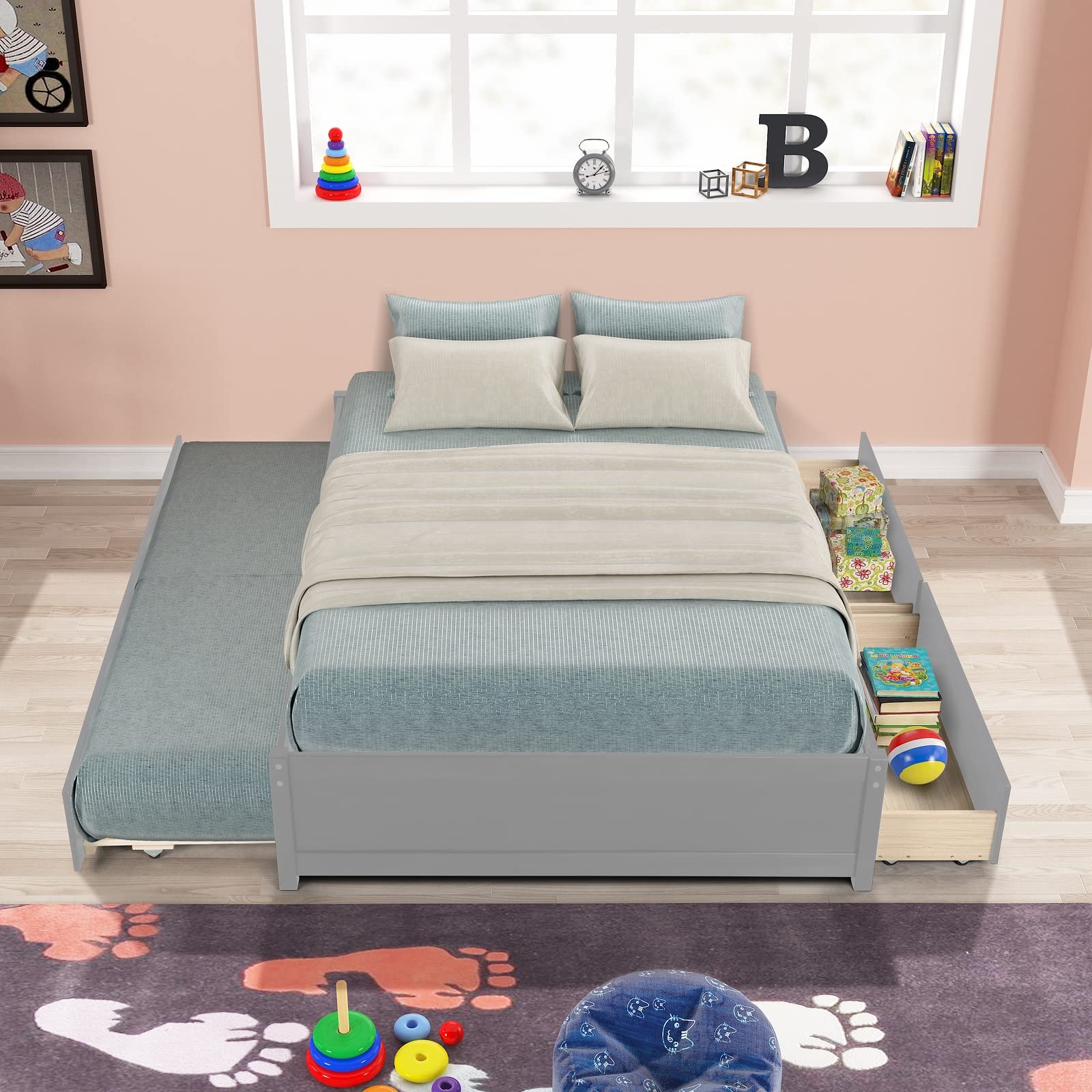 Danxee Wooden Captain's Bed with Storage - Full Size Daybed with Twin Trundle & 2 Drawers - Kids Platform Bed (Gray) - Perfect for Small Spaces, Guest Rooms & Children's Bedrooms