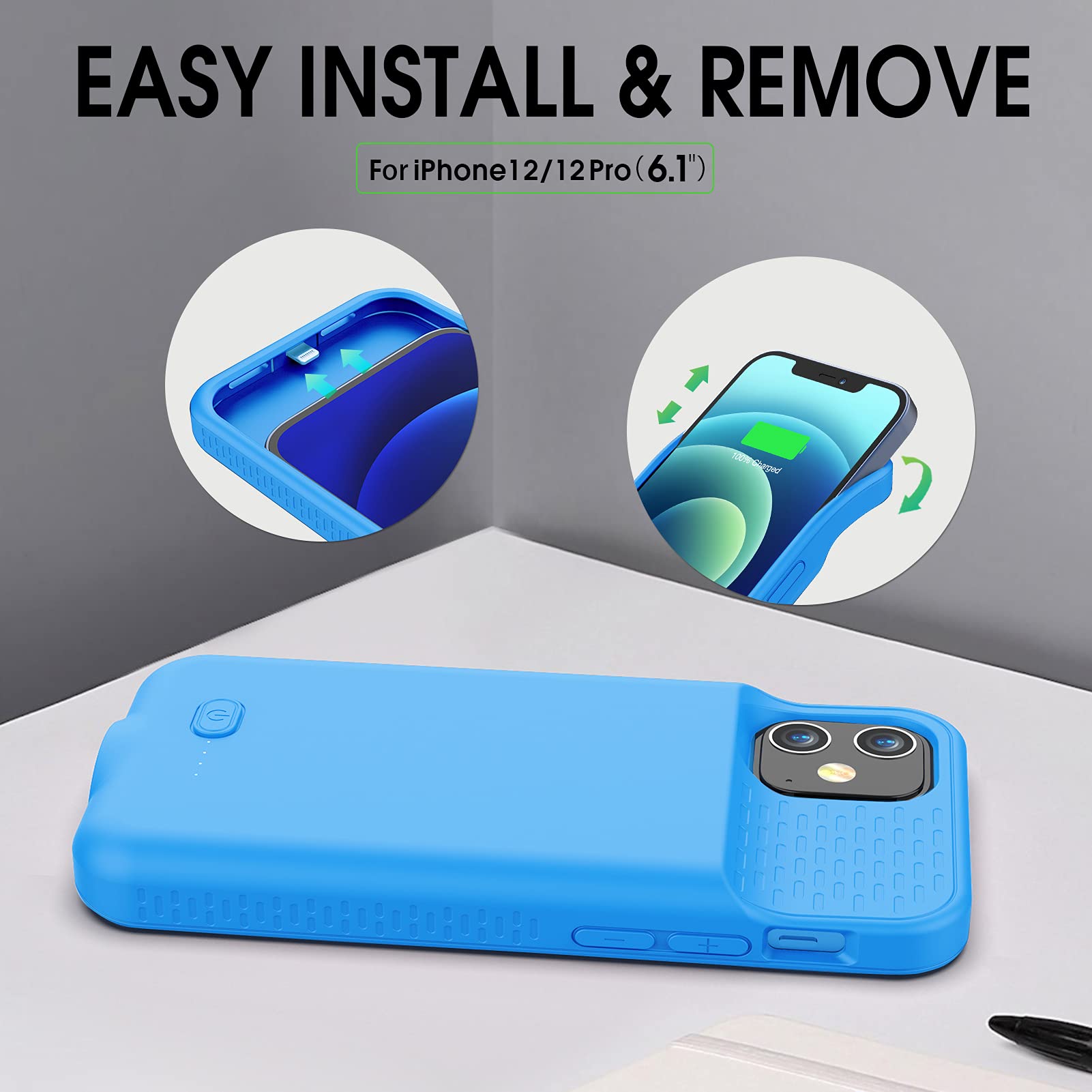 GIN FOXI 7000mAh Ultra-Slim Rechargeable Battery Case for iPhone 12/12 Pro (6.1 inch) - Anti-Fall Protection Extended Charging Cover - Blue | Perfect for Travel, Outdoor Activities & Daily Power Backup