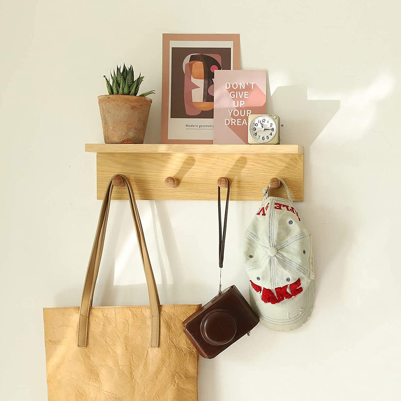 Oak Wall Mounted Coat Rack with Hooks & Shelves - Space Saving Entryway Organizer for Hats, Jackets & Keys | Perfect for Hallway, Mudroom or Bedroom Decor