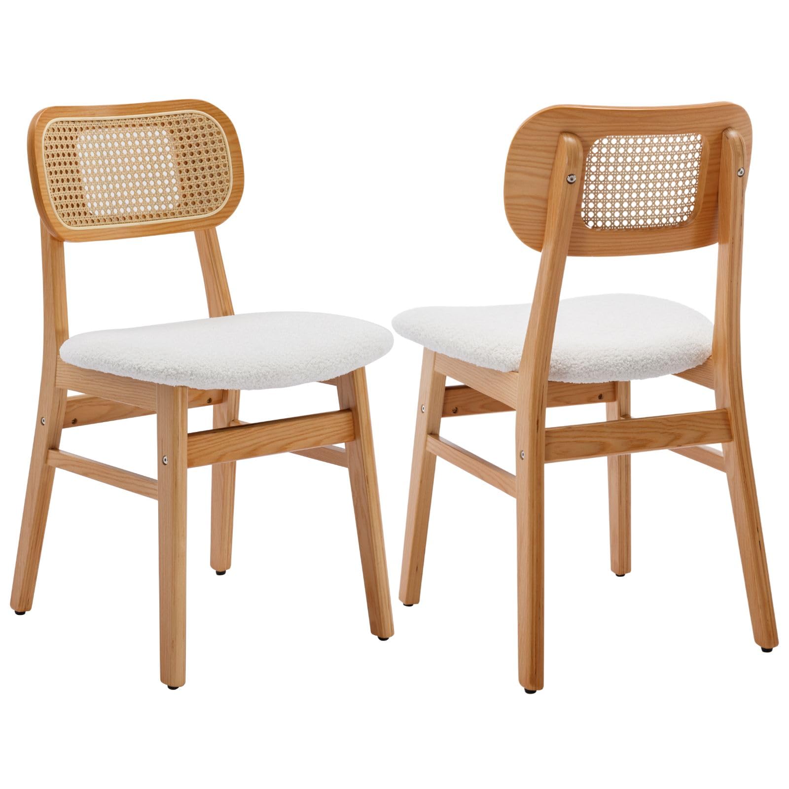 2 Pack White Lambswool Rattan Dining Chairs - Natural Wooden Farmhouse Kitchen Side Chairs for Dining Room, Breakfast Nook & Outdoor Patio