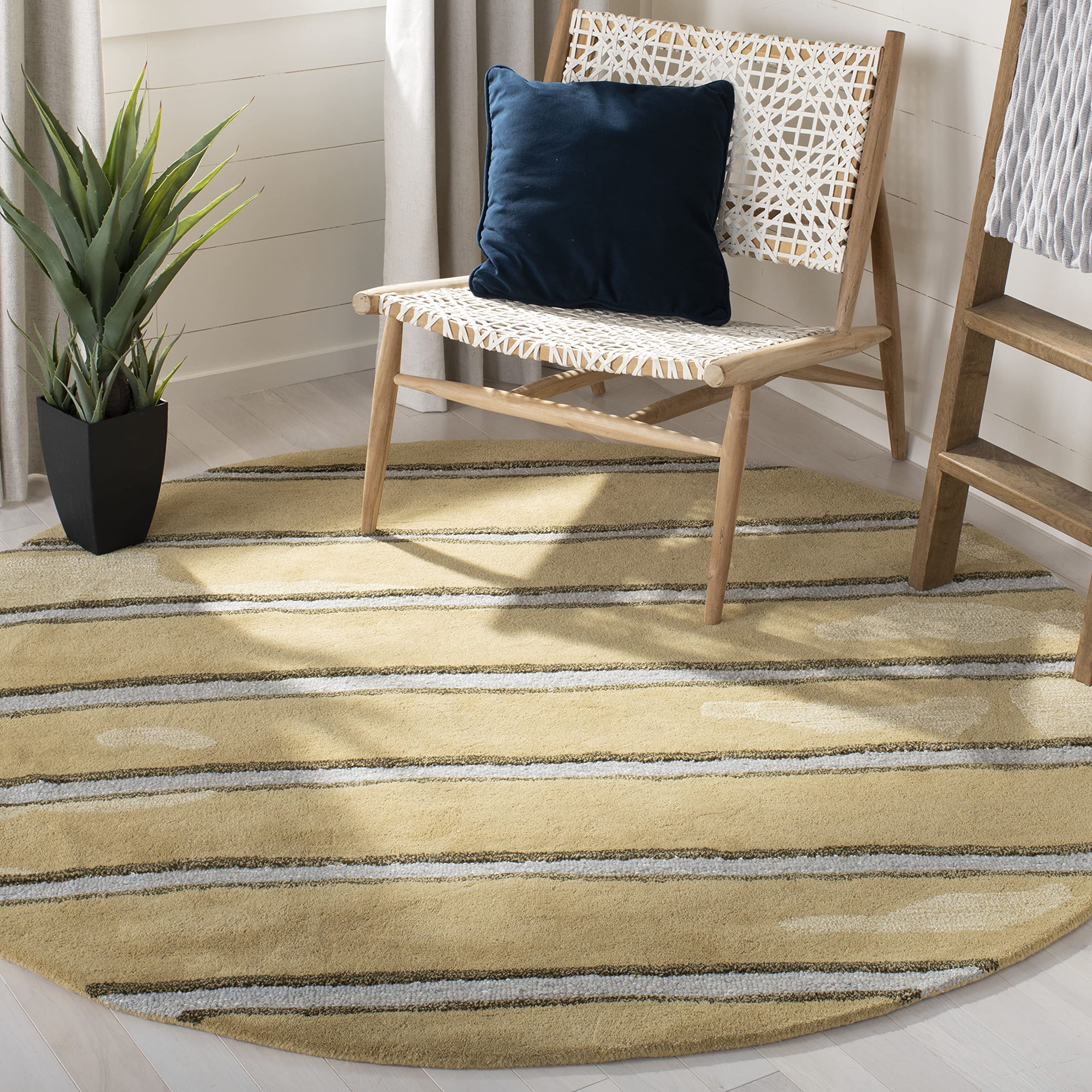 MARTHA STEWART x SAFAVIEH 6-Foot Round Toffee Gold Area Rug MSR3617B - Handmade Wool & Viscose Chalk Stripe Design for Living Room, Bedroom or Office Decor