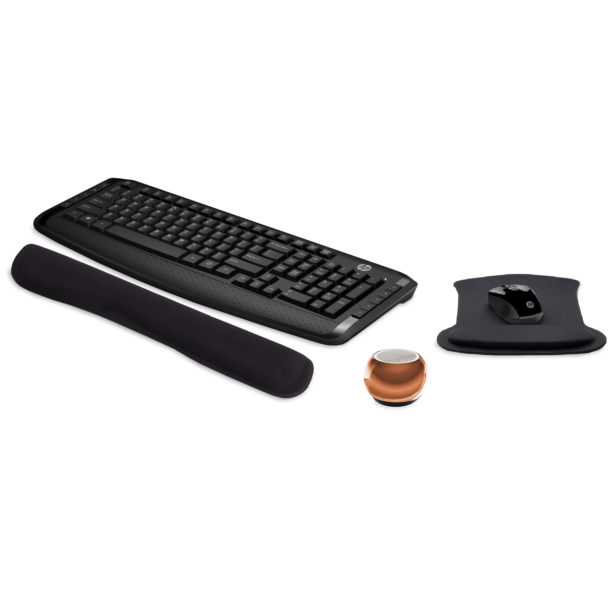HP Wireless Keyboard and Mouse 300 Bundle - Ergonomic PC Accessories with Gel Mouse Pad, Wrist Support & Mini Bluetooth Speaker - Built-in Mic, Remote Selfie Button - Perfect for Home Office, Gaming & Video Calls
