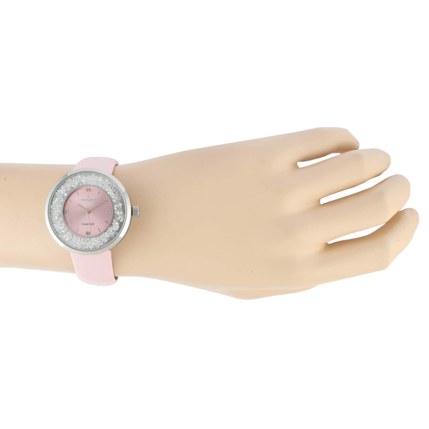 Peugeot Women's Round Dress Watch - Slim Thin Case with Floating Genuine Diamond CZ & Leather Strap | Elegant Timepiece for Office, Party & Special Occasions