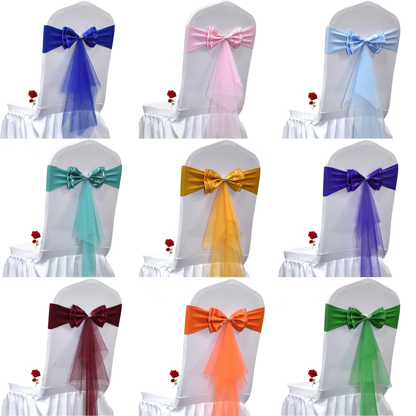 100 PCS Gold Yellow Organza Stretch Chair Sashes - Double Bows for Wedding, Party, Banquet Chair Decorations - Spandex Elastic Chair Bands for Bridal Showers, Baby Showers & Special Events