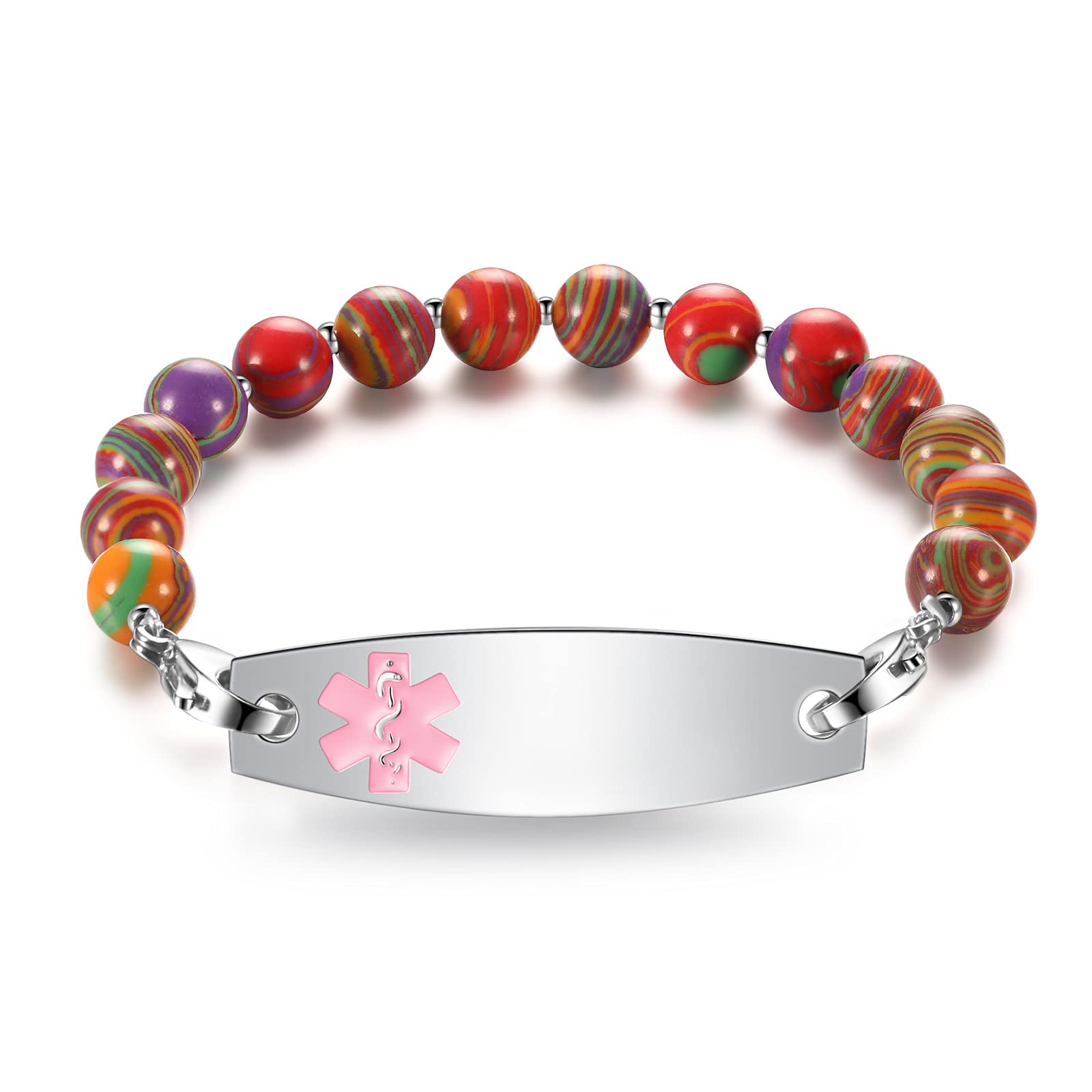 Custom Engraved Medical Alert Bracelets for Women & Men - Free Personalization, Natural Stone & Crystal Beads (5.5-8.5 Inches) - Purple, Turquoise & More Colors | Emergency ID Jewelry for Diabetes, Allergies & Medical Conditions