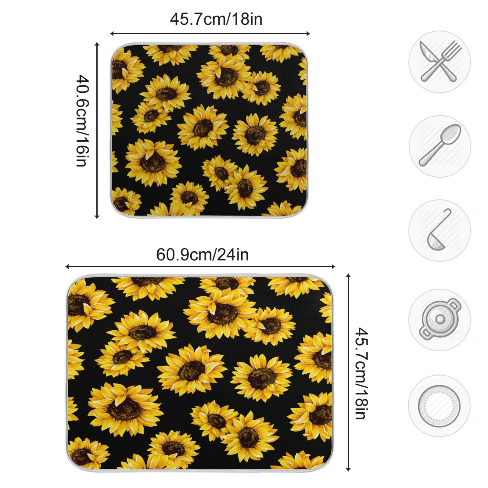 Absorbent Sunflower Dish Drying Mat - 16x18 Inch Polyester Kitchen Counter Mat with Hanging Loop | Quick-Dry Dish Rack Alternative for Sink, Countertop & Cabinet Organization