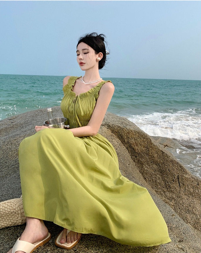 Elegant French Square Neck Fairy Dress - Summer Pleated Long Skirt for Women | Boho Chic Flowy Maxi Dress | Perfect for Weddings, Beach Vacations & Romantic Dates