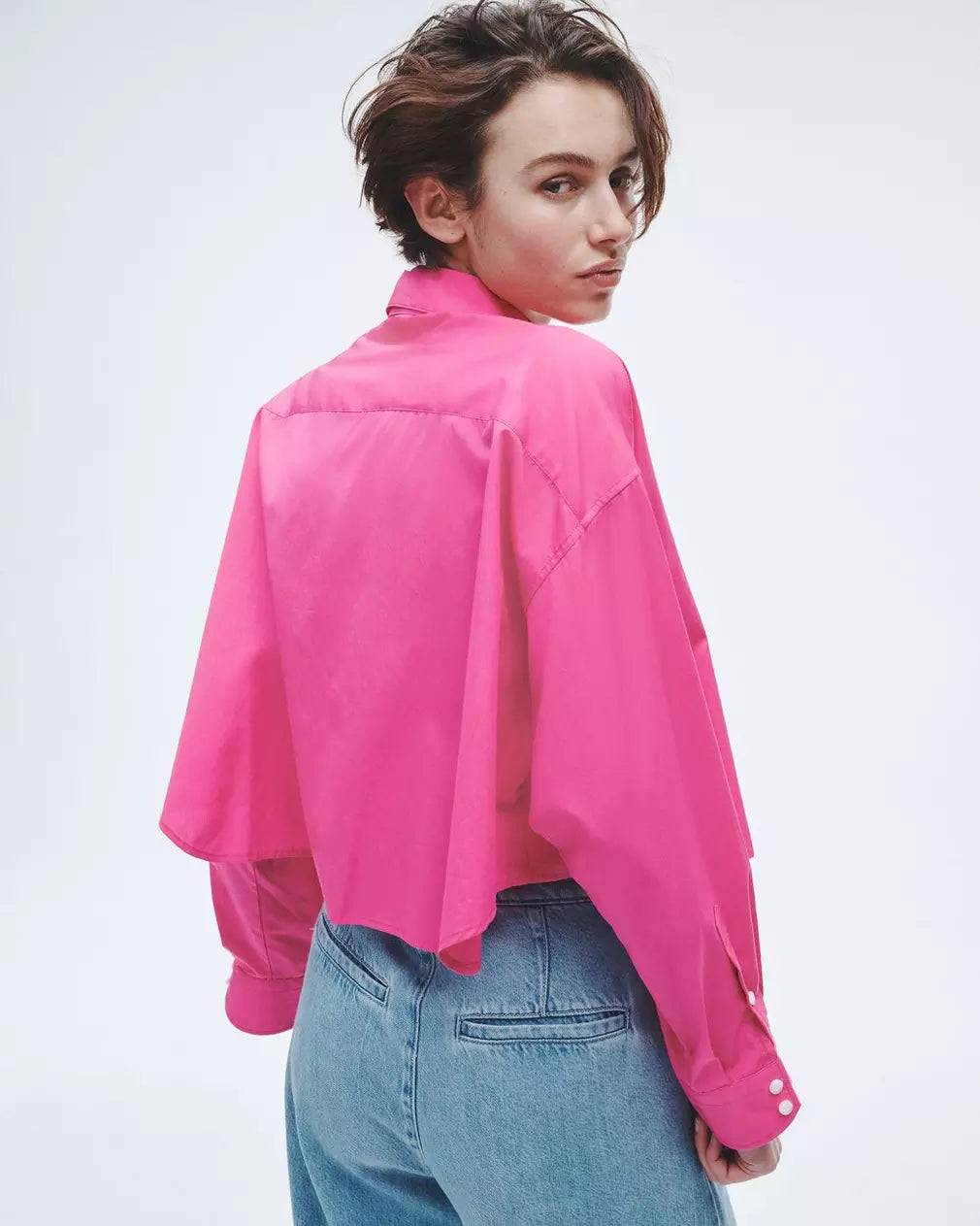 Beatrice Women's Cotton Poplin Crop Shirt - Bright Pink Short Sleeve Blouse for Summer, Casual Wear & Beach Outfits