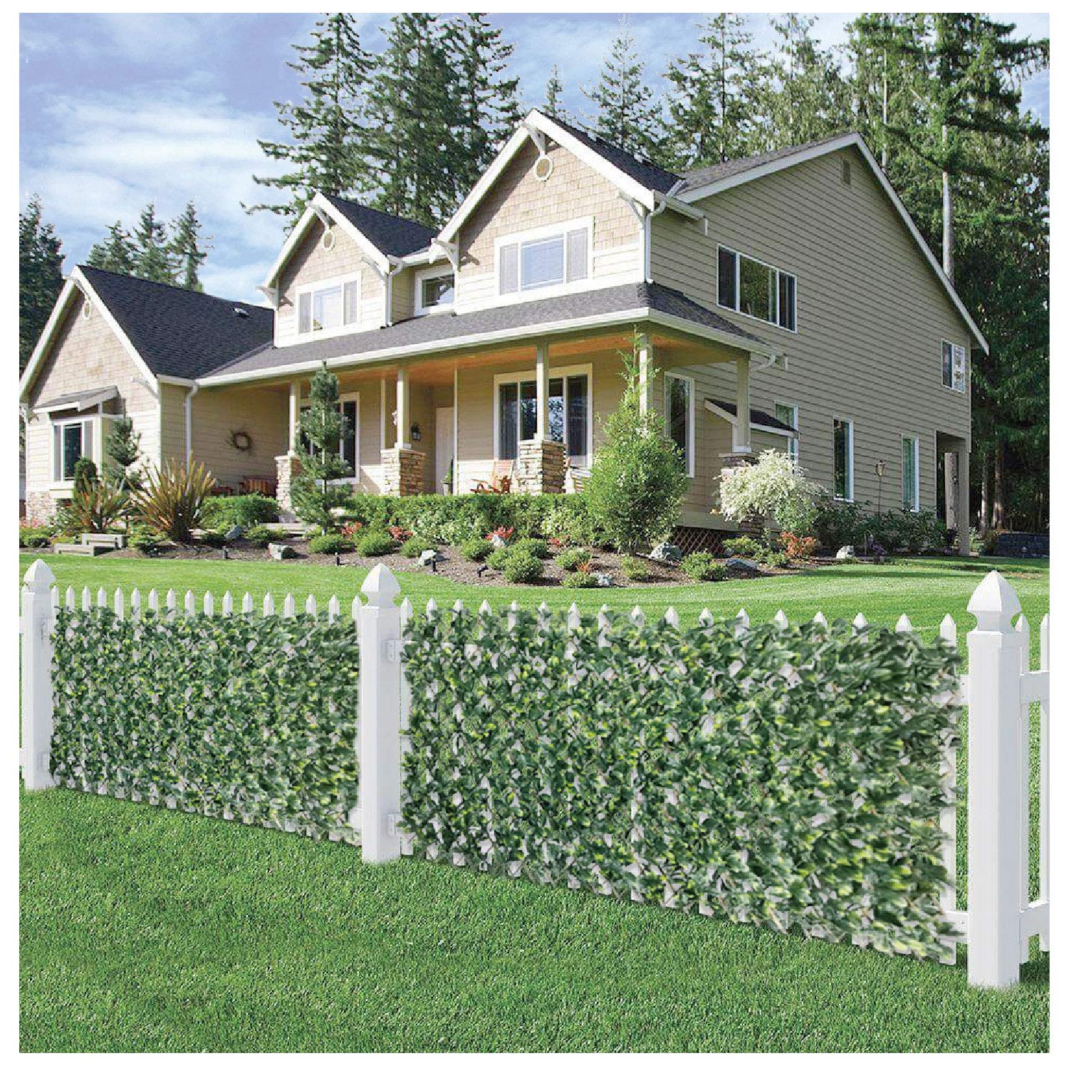 ECOOPTS Stretchable Artificial Buxus Leaf Faux Ivy Privacy Fence Screen - Expandable Decorative Fencing Panel for Balcony, Patio, Garden & Outdoor Use (Single Sided Ficus Leaves, 1 Piece) - Perfect for Privacy, Shade & Home Decor