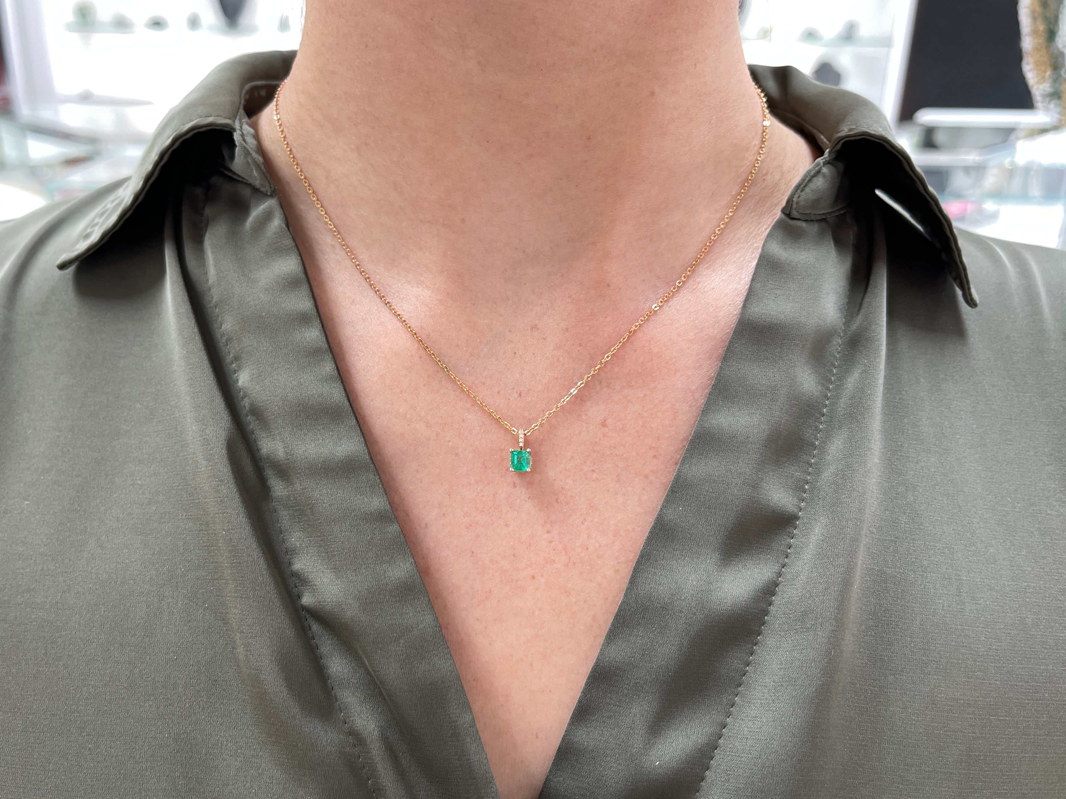 0.55tcw Petite Natural Emerald & Diamond Accent Rose Gold Necklace for Women - Elegant Birthstone Jewelry Gift for Mom, Wife, Anniversary & Special Occasions