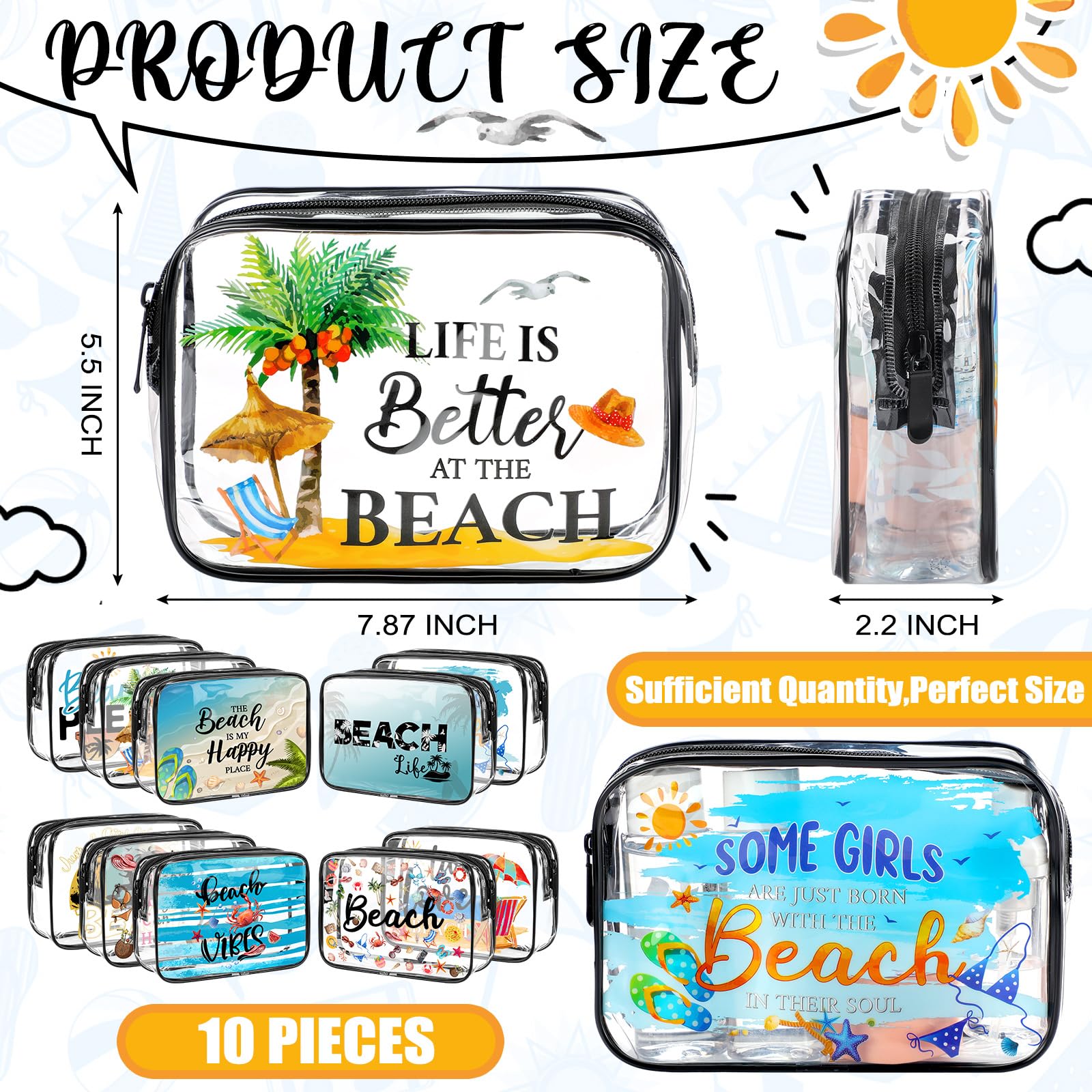 10 Pack Clear Makeup Bags for Women - Waterproof Travel Toiletry Organizer, Beach Cosmetic Pouch Set - Perfect Gift for Friends, Sisters & Nurses - Great for Vacation, Beach Trips & Daily Organization