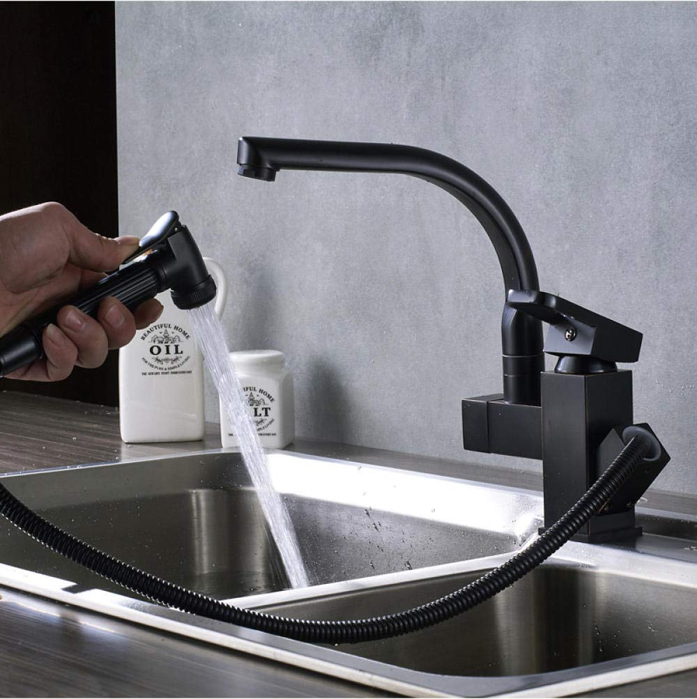 Black Bronze Swivel Spout Kitchen Sink Faucet - Deck Mounted Pull Out Sprayer Bathroom & Kitchen Mixer Tap - Chrome Finish for Vanity Sink - Perfect for Modern Home, Restaurant & Commercial Use