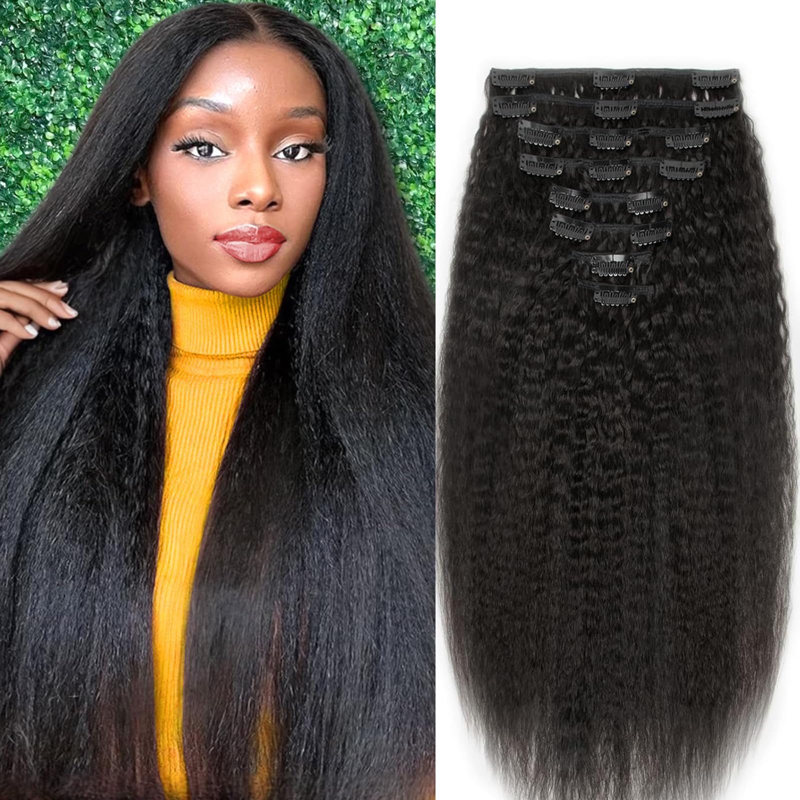 18 Inch Kinky Straight Clip-in Hair Extensions - 100% Brazilian Remy Human Hair (8pcs/100g) with 18 Double Weft Clips - Natural Black for Women | Perfect for Daily Styling, Parties & Special Occasions