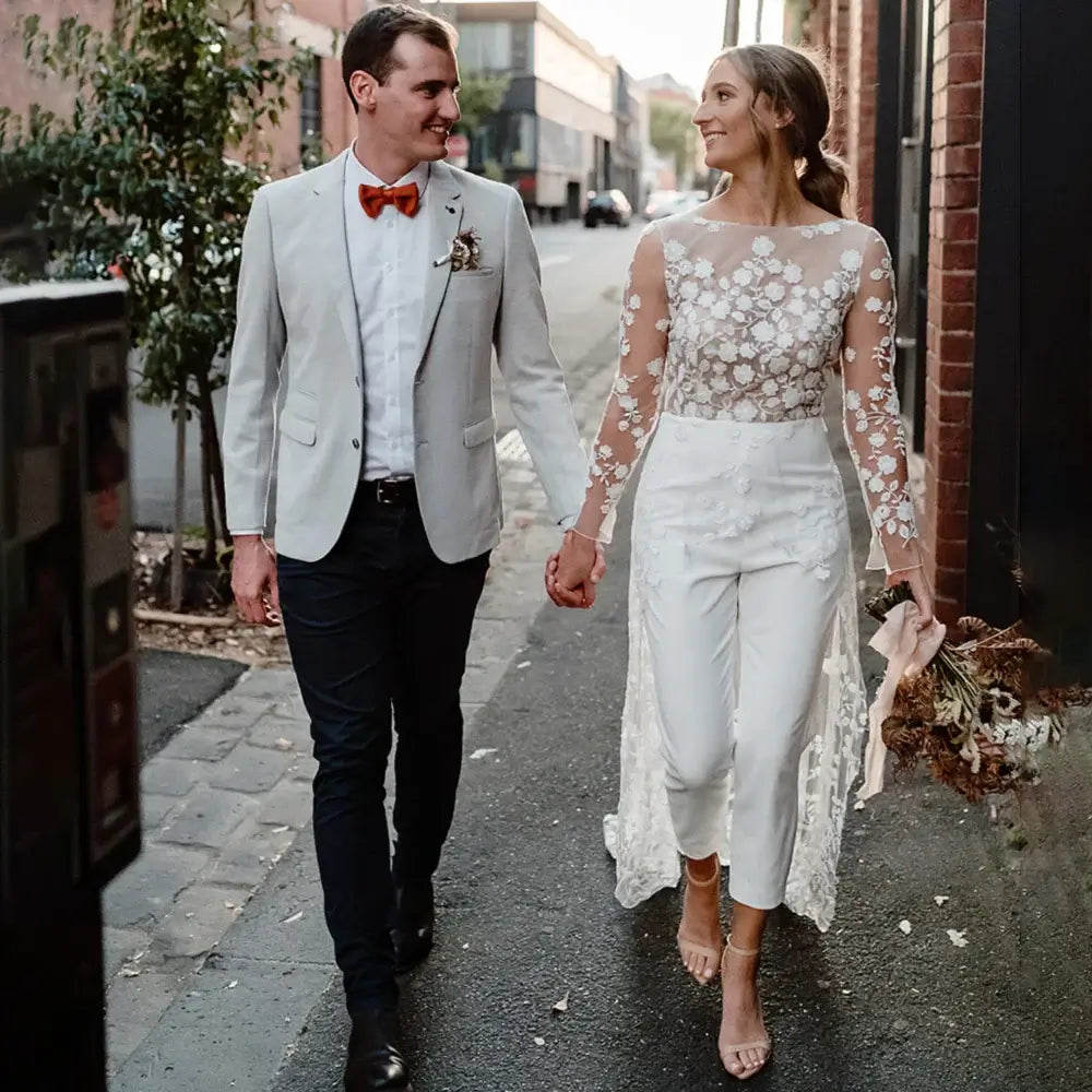 Elegant Floral Lace Backless Wedding Dress Jumpsuit - Perfect for Beach Weddings, Vow Renewals & Romantic Photoshoots