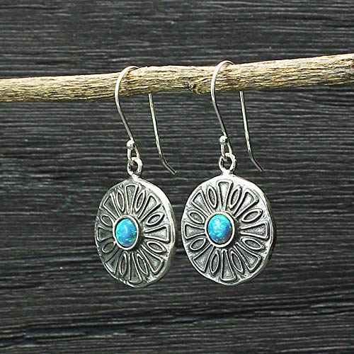 Vintage Style 925 Sterling Silver Round Blue Fire Opal Dangle Earrings for Women, Elegant Handmade Jewelry Gift for Party, Wedding & Evening Events