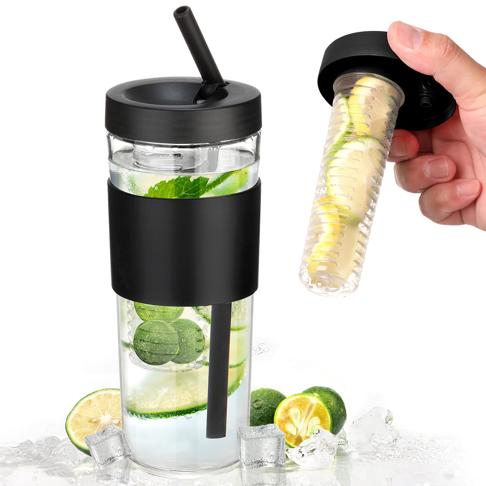 **Goswe 24oz Glass Water Bottle with Straw & Fruit Infuser - Leakproof, BPA Free, Anti-Slip Silicone Sleeve - for Women & Men - Perfect for Gym, Office & Outdoor Activities**
