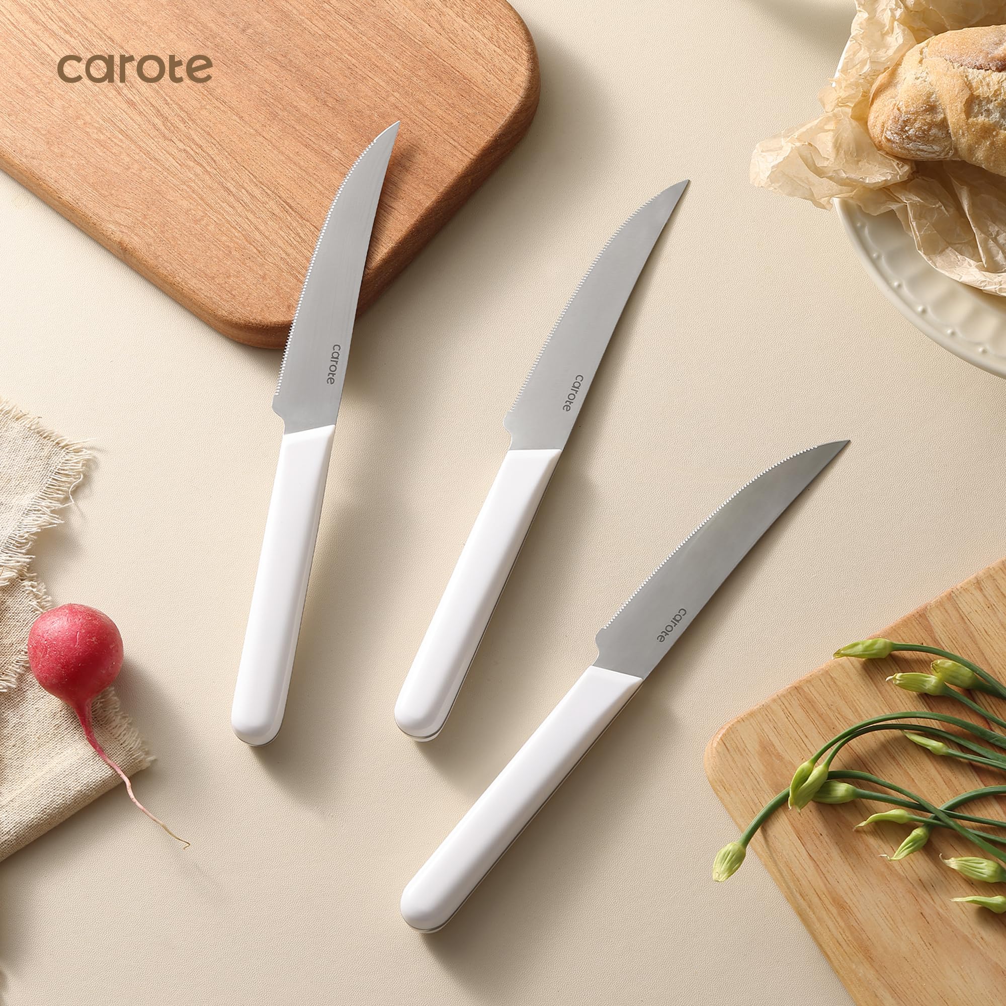 CAROTE 12-Piece Stainless Steel Kitchen Knife Set with Knife Block & Drawer Organizer - Dishwasher Safe Cutlery Set in White | Perfect for Home Chefs, Wedding Gifts & Kitchen Upgrades