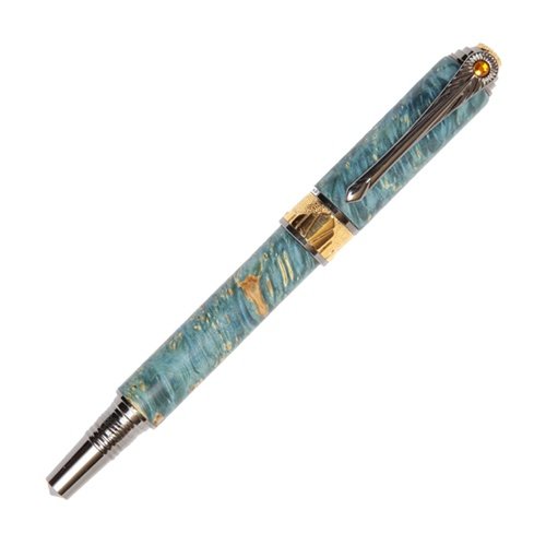 Lanier Art Deco Fountain Pen - Premium Black Titanium & 22kt Gold Trim - Blue Box Elder Wood - Luxury Writing Instrument for Business Gifts & Collectors