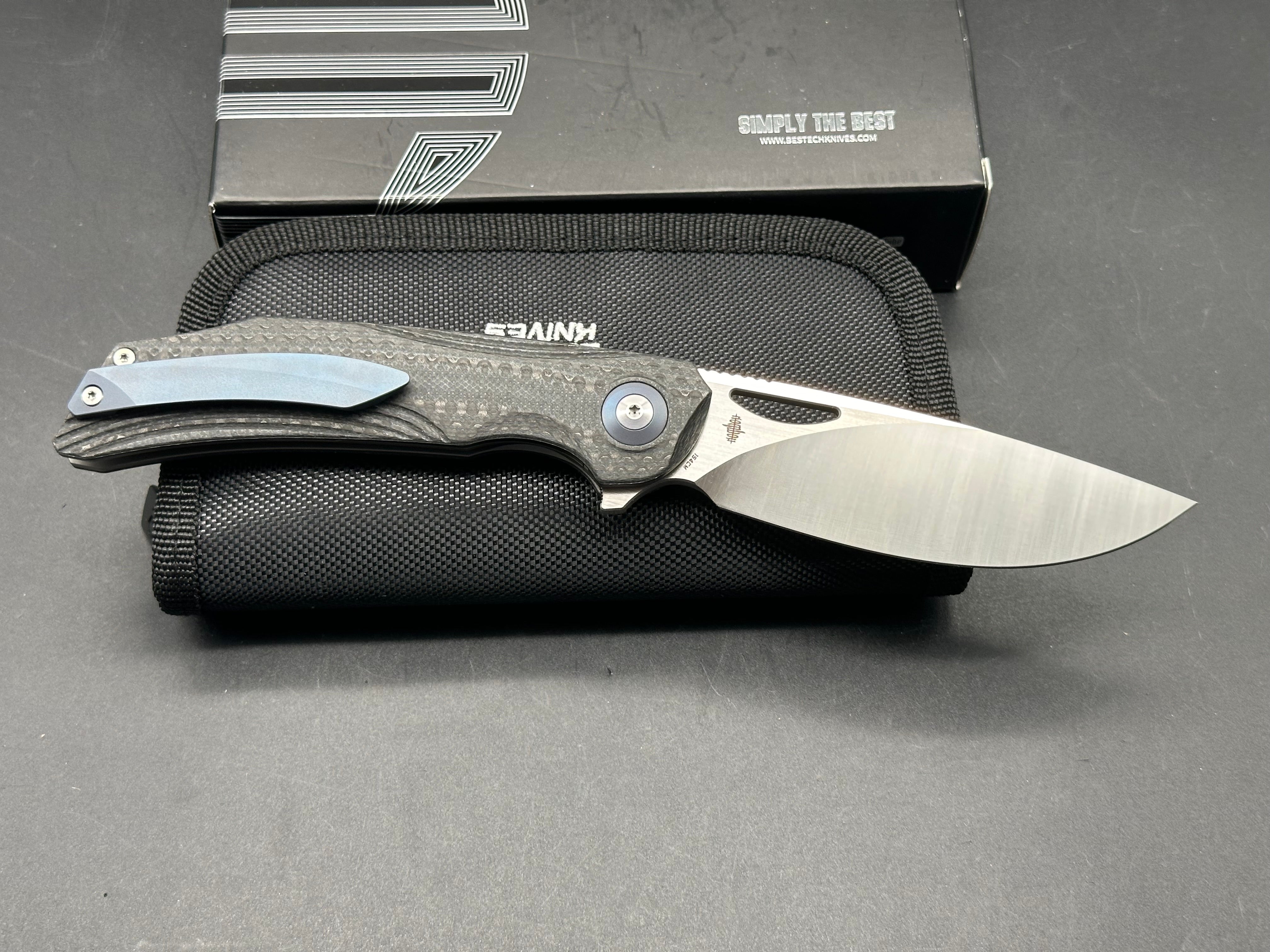 Bestech Falko Liner Lock Folding Knife - Black G10/CF Handle, 3.8