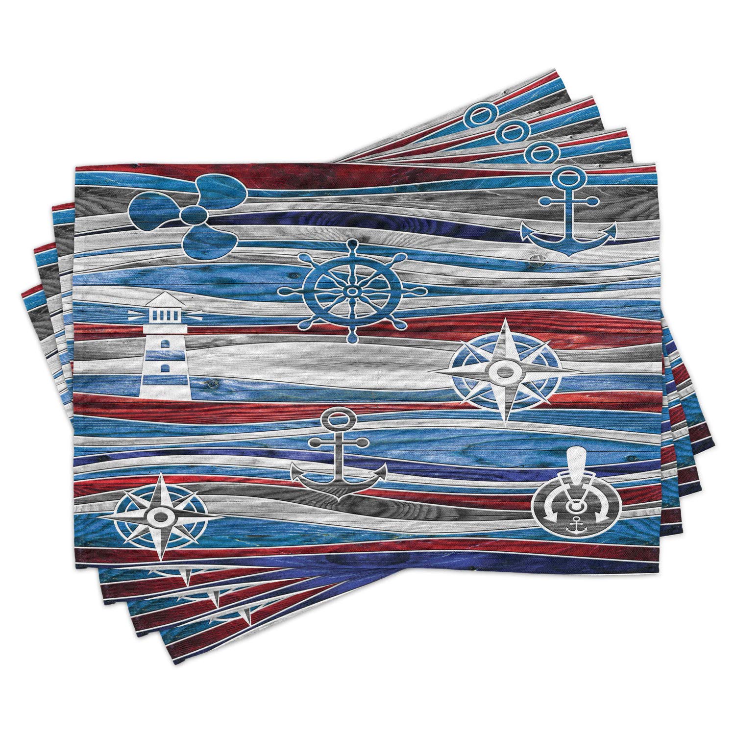 Lunarable Anchor Place Mats Set of 4 - Nautical Boat Anchor Lighthouse Steering Wheel Compass Design on Ocean Wave Background, Washable Fabric Table Mats for Dining Room & Kitchen Decor in Blue Red Grey - Perfect for Beach House, Coastal Theme Dining, and Nautical Party Decorations
