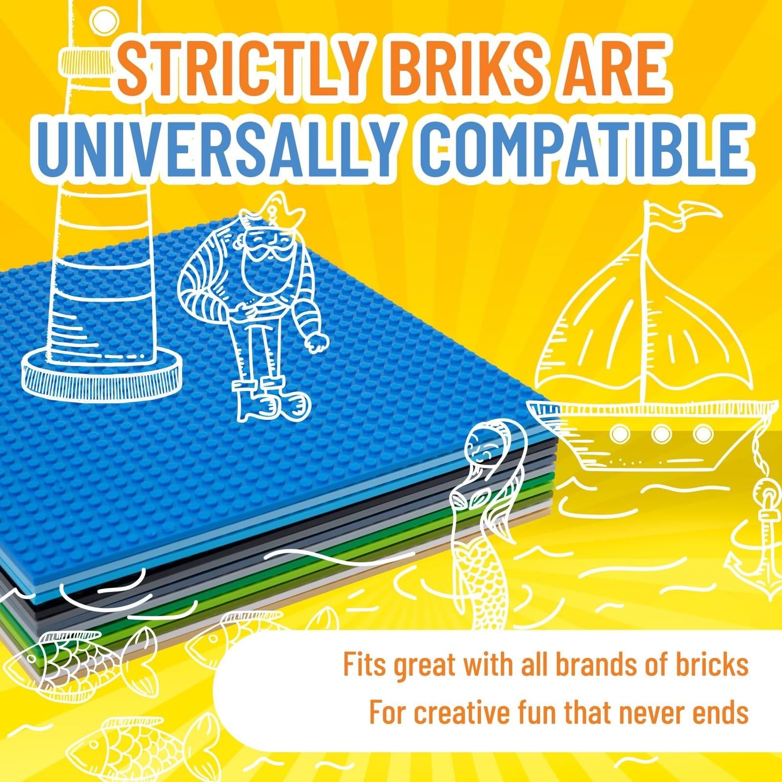 Strictly Briks Classic Building Base Plates - Compatible with All Major Brands (Black, Blue, Gray, Green, Sand & White) - 6