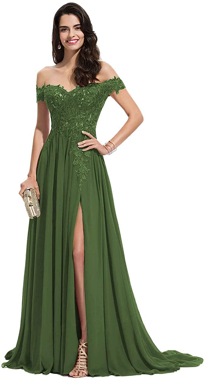 Elegant Chiffon Off Shoulder Prom Dresses with High Slit & Lace Applique - Women's Formal Evening Gowns for Homecoming, Wedding & Party Occasions