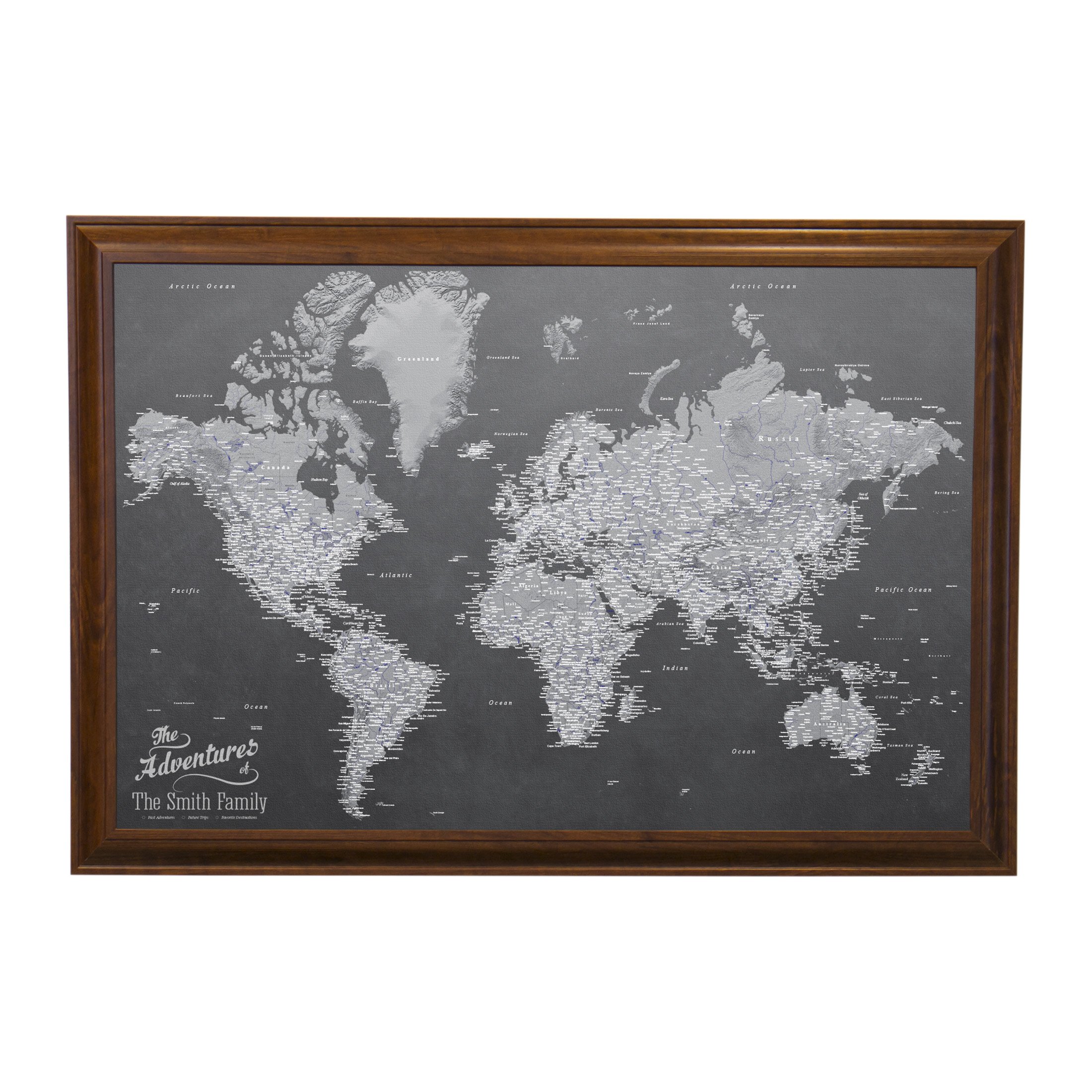 Personalized Stormy Dreams World Push Pin Travel Map - Brown Canvas Frame for Home & Office Decor | Perfect for Travel Enthusiasts & Gift Giving