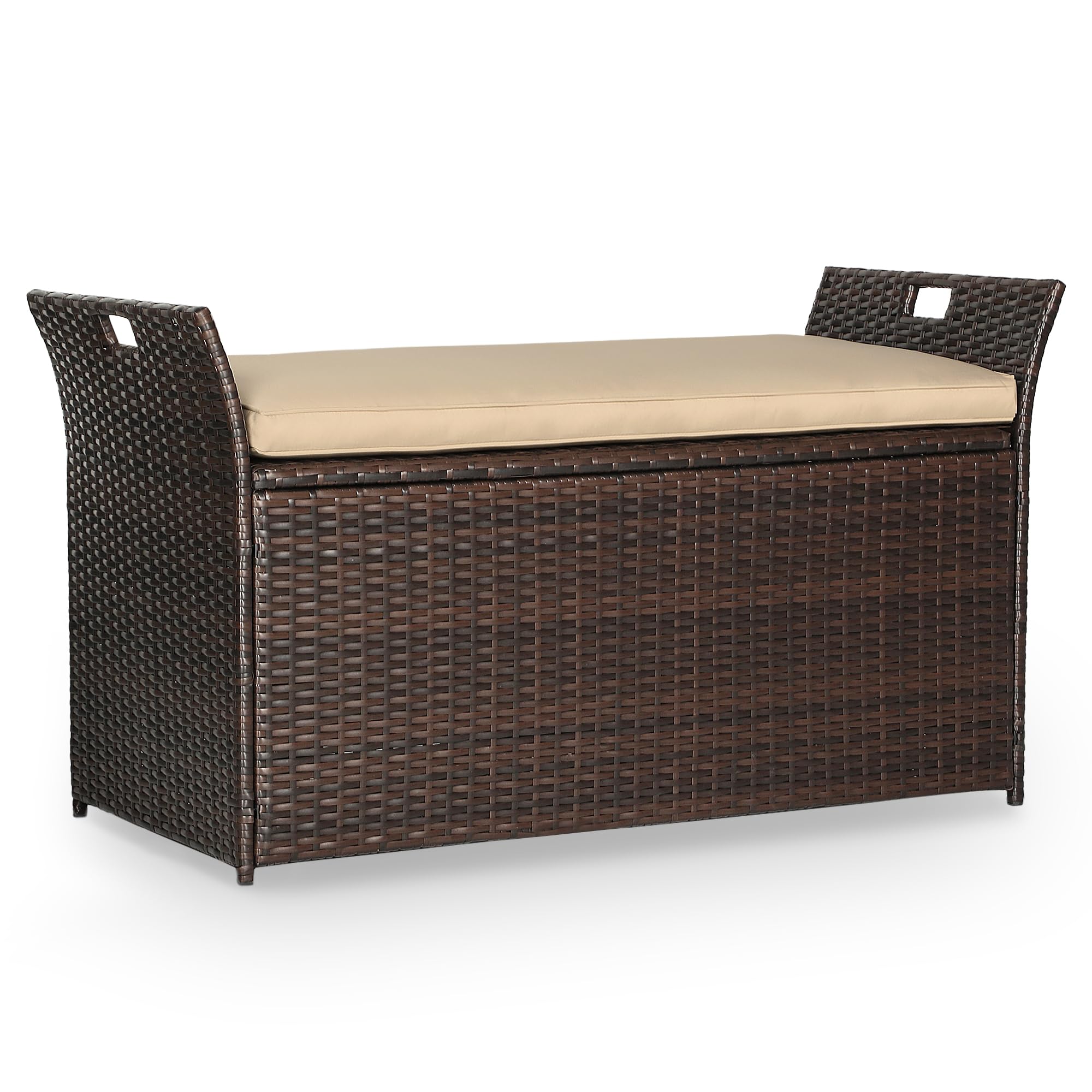CrownLand 80 Gallon Outdoor Storage Bench with Cushion - Waterproof Wicker Patio Deck Box with Seat - Perfect for Garden, Balcony, Poolside & Backyard Furniture Storage (Brown)