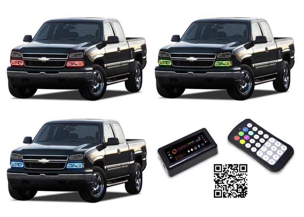 Flashtech LED RGB Multi-Color Halo Ring Headlight Kit with Bluetooth RF Remote & App Control - Compatible with Chevrolet Silverado 2003-2006 - Upgrade Your Truck Lighting for Night Driving & Custom Styling