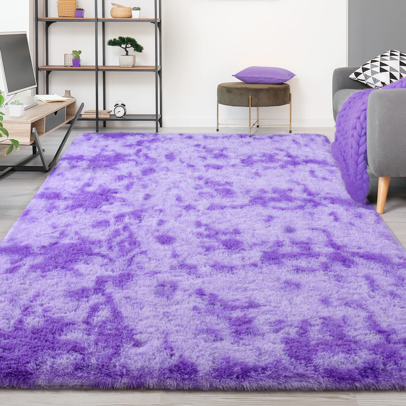 FlyDOIT Purple Tie-Dyed Shaggy Area Rug 4x6 Feet - Ultra Soft Plush Fluffy Living Room Rug, Modern Fuzzy Throw Carpet for Bedroom, Nursery, Kids Room & Dorm Decor - Perfect for Cozy Home & Boho Chic Style