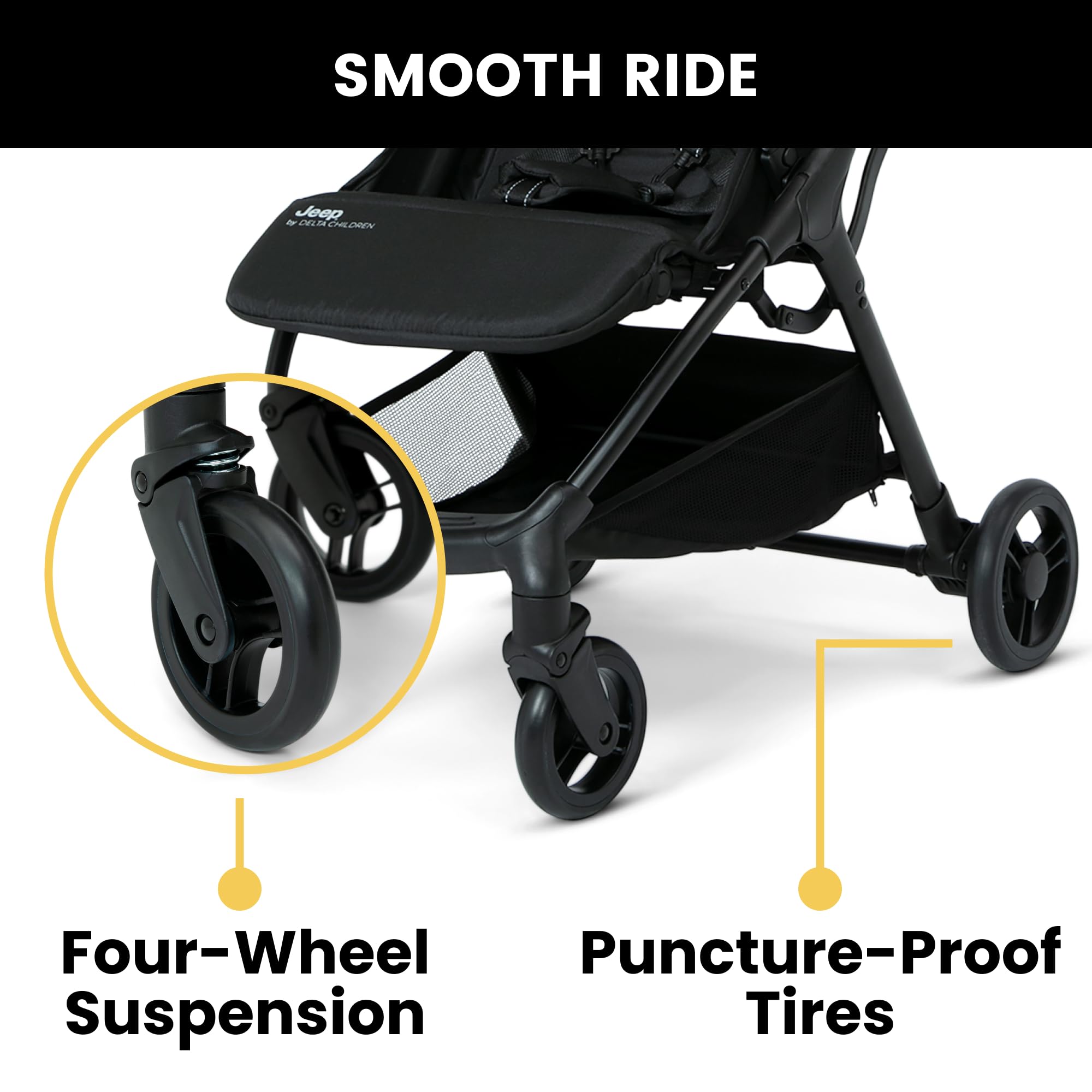 Delta Children Jeep Altitude Compact Travel Stroller - Lightweight, Easy One-Hand Fold, Extendable Canopy with Peek-a-Boo Window, Reclining Seat & 4-Wheel Suspension | Greenguard Gold Certified | Perfect for City Walks, Travel & Shopping (Black)